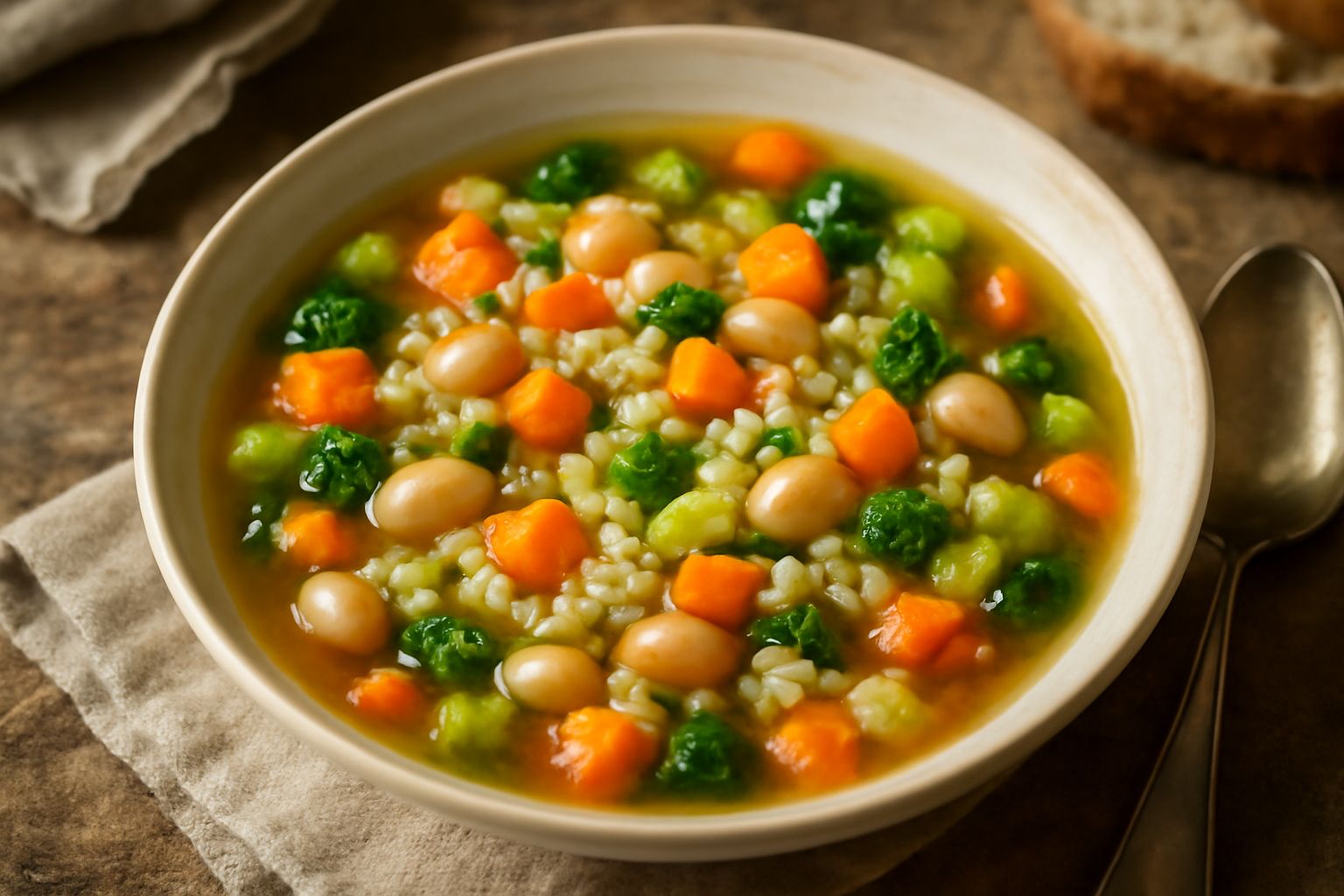 Minestrone alla lombarda in ciotola bianca: brodo trasparente ambrato con verdure tagliate a dadini arancioni, gialle e verdi, fagioli bianchi e chicchi di riso visibili, accompagnato da cucchiaio di 