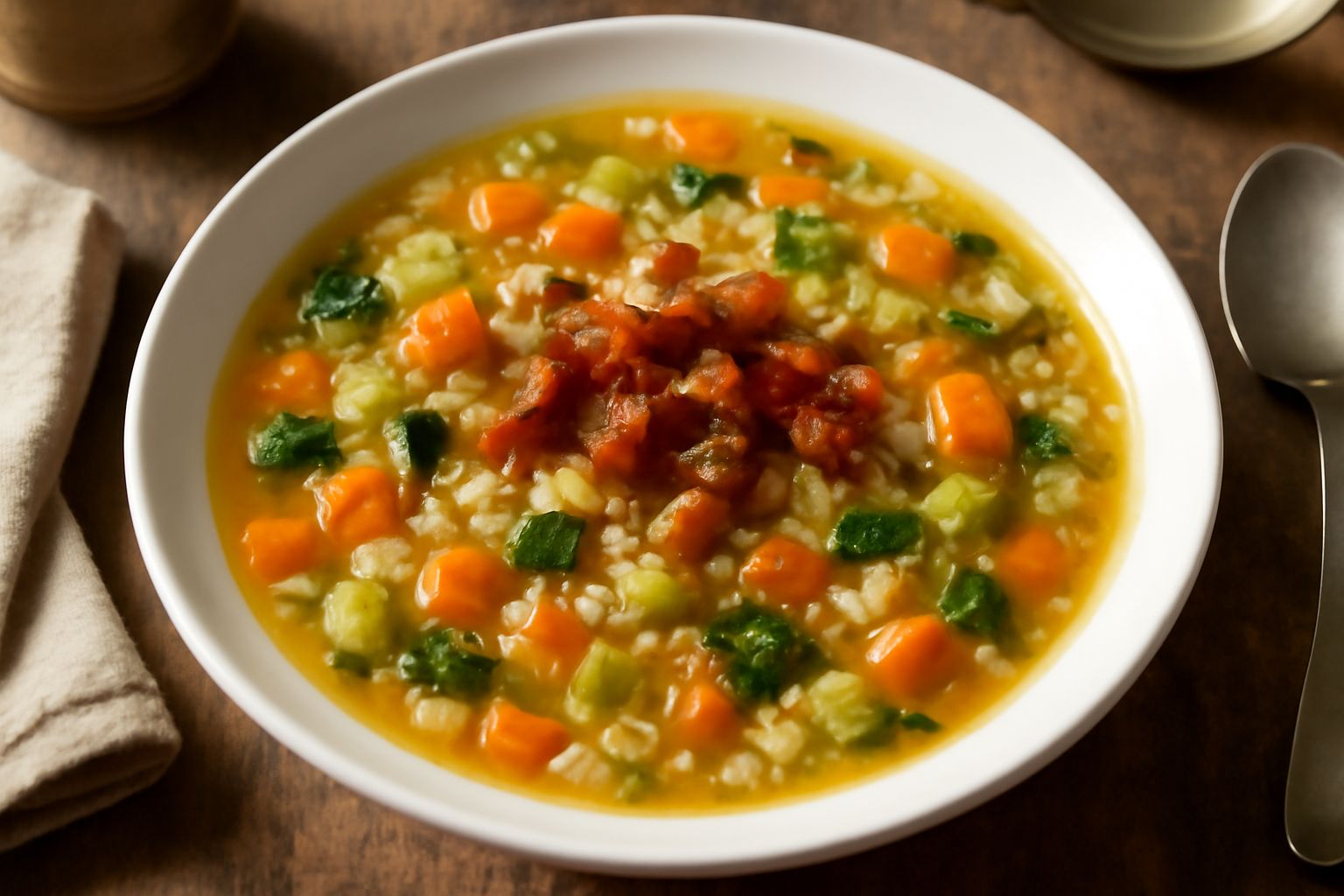 Un piatto fondo bianco con minestrone alla milanese: zucchine verdi, carote arancioni, cavolo bianco, patate cremose, chicchi di riso bianchi in brodo trasparente, fettine di pancetta croccante in sup