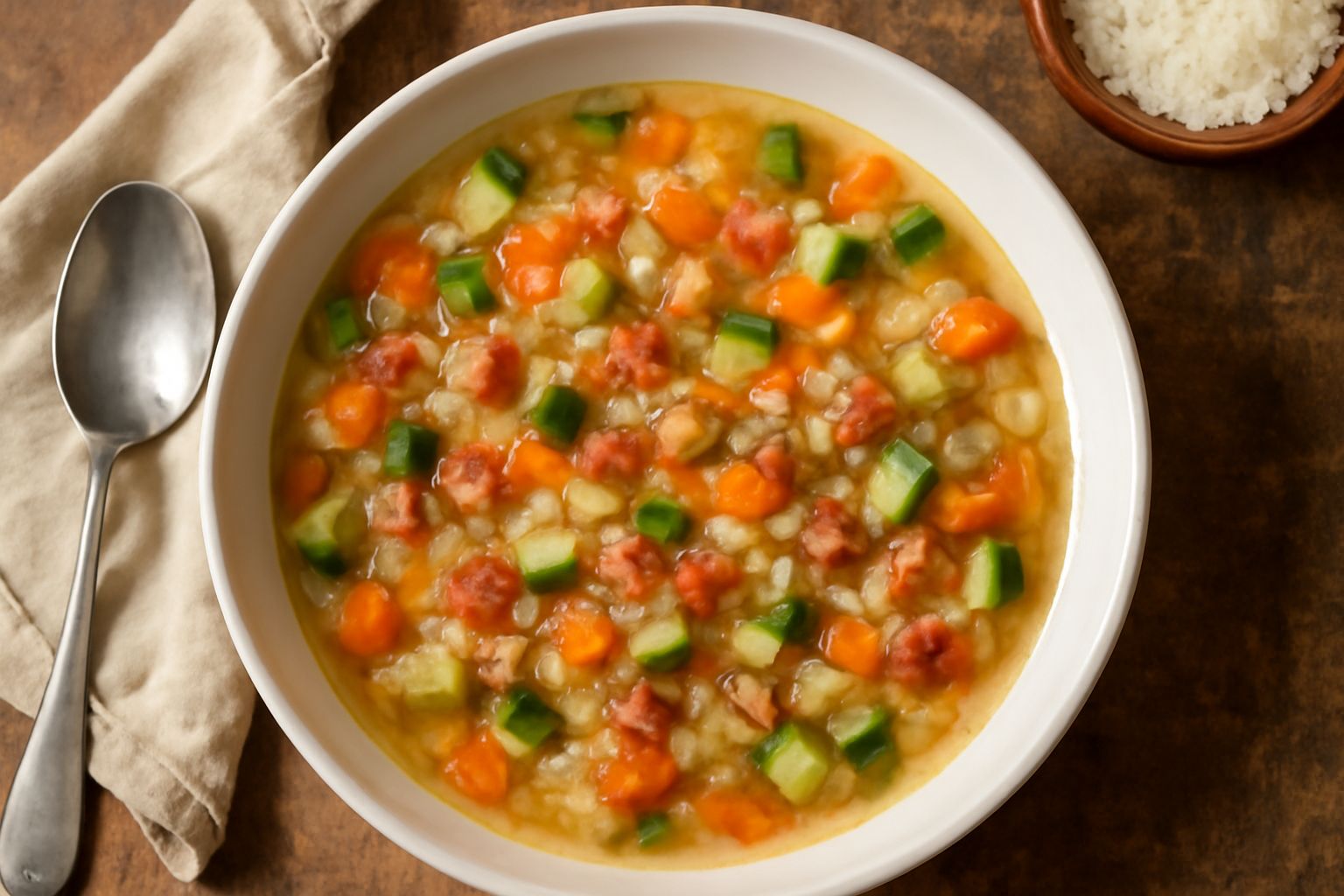 Una ciotola di minestrone alla reggiana con verdure tagliate, riso bianco, brodo trasparente, zucchine verdi, carote arancioni, sedano e un cucchiaio di legno, servito in una terrina di ceramica bianc