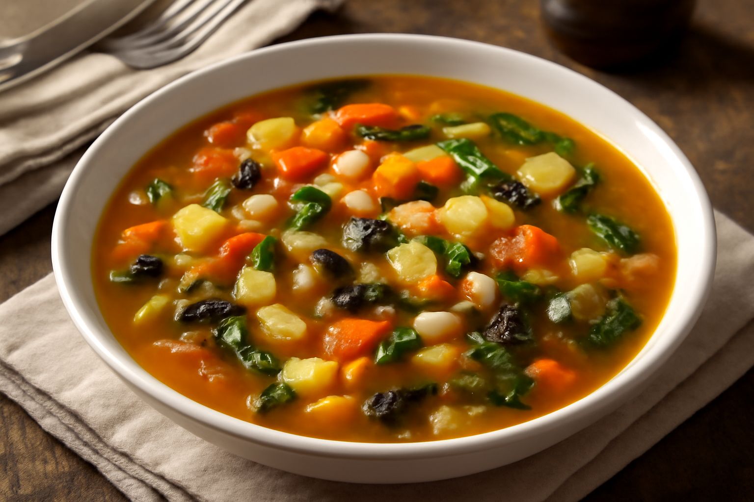 Minestrone in ciotola bianca con verdure tagliate, brodo trasparente dorato, pezzi di bucce di formaggio visibili, pane tostato accanto, tavolo di legno