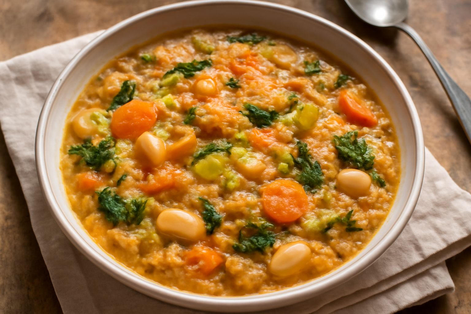 Una ciotola di minestrone fumante con visibili pezzi di pane secco ammollato, carote arancioni, zucchine verdi, fagioli bianchi e un filo di olio verde sulla superficie, contorno di pane tostato