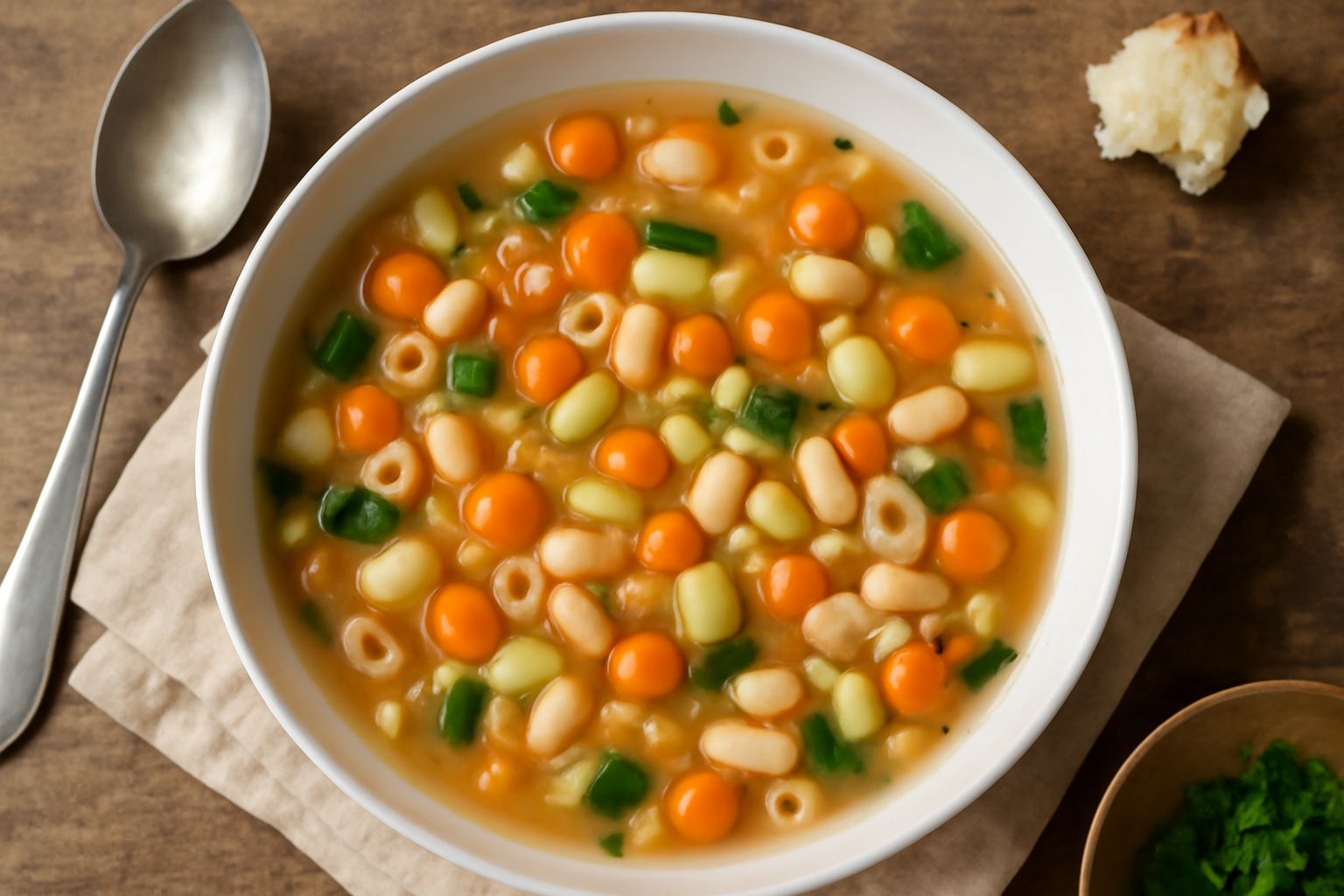 Minestrone con pasta in una ciotola bianca: zucchina e carota a dadini arancioni, fagioli bianchi, pasta piccola, brodo chiaro trasparente, prezzemolo verde in superficie, cucchiaio di legno appoggiat