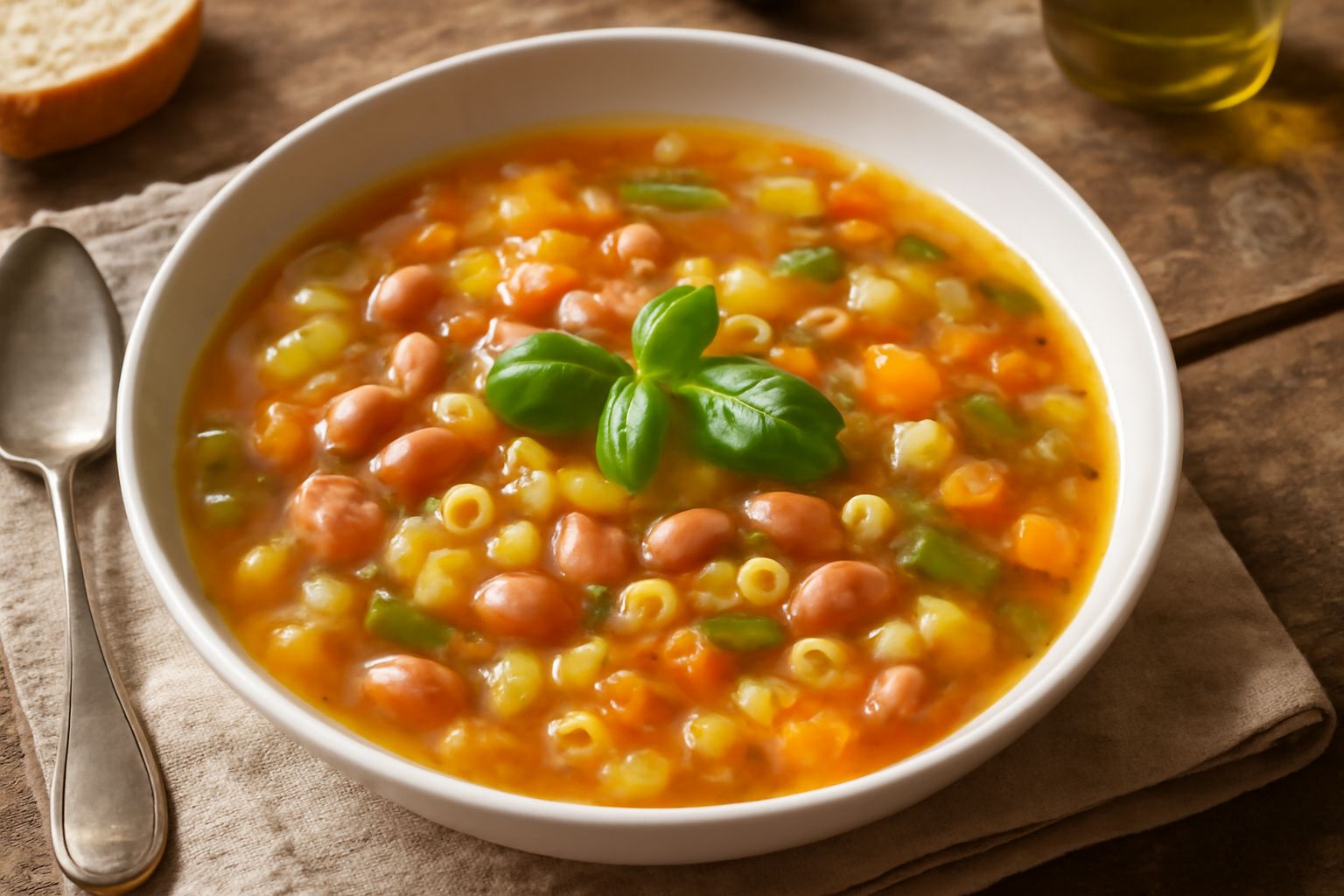 Minestrone in ciotola bianca con verdure colorate, fagioli bianchi e rosa, ditalini visibili nel brodo fumante, filo di olio d'oliva, basilico fresco e parmigiano grattugiato in superficie