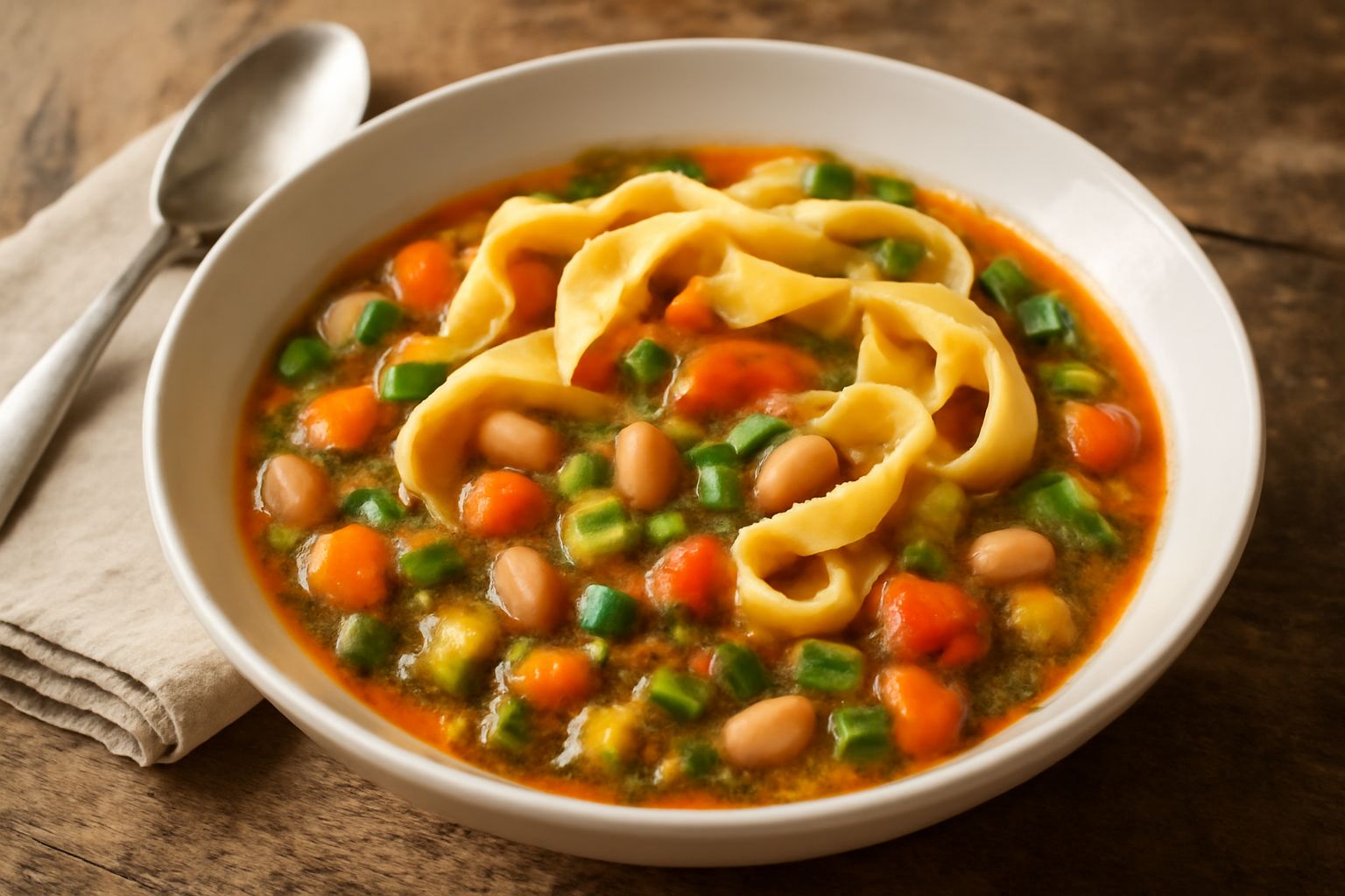 Minestrone in ciotola bianca con verdure tagliate a dadini, pasta fresca all'uovo, fagioli, completato da un filo di olio di oliva e foglie di basilico fresco sulla superficie