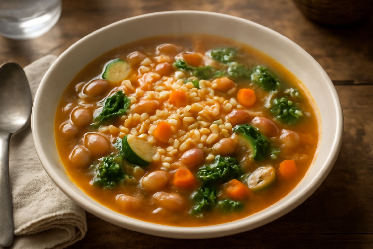 Una ciotola di ceramica bianca colma di minestrone con pasta piccola, fagioli visibili, dadini di verdure colorate gialle e arancioni, prezzemolo fresco verde in superficie, cucchiaio in acciaio appog