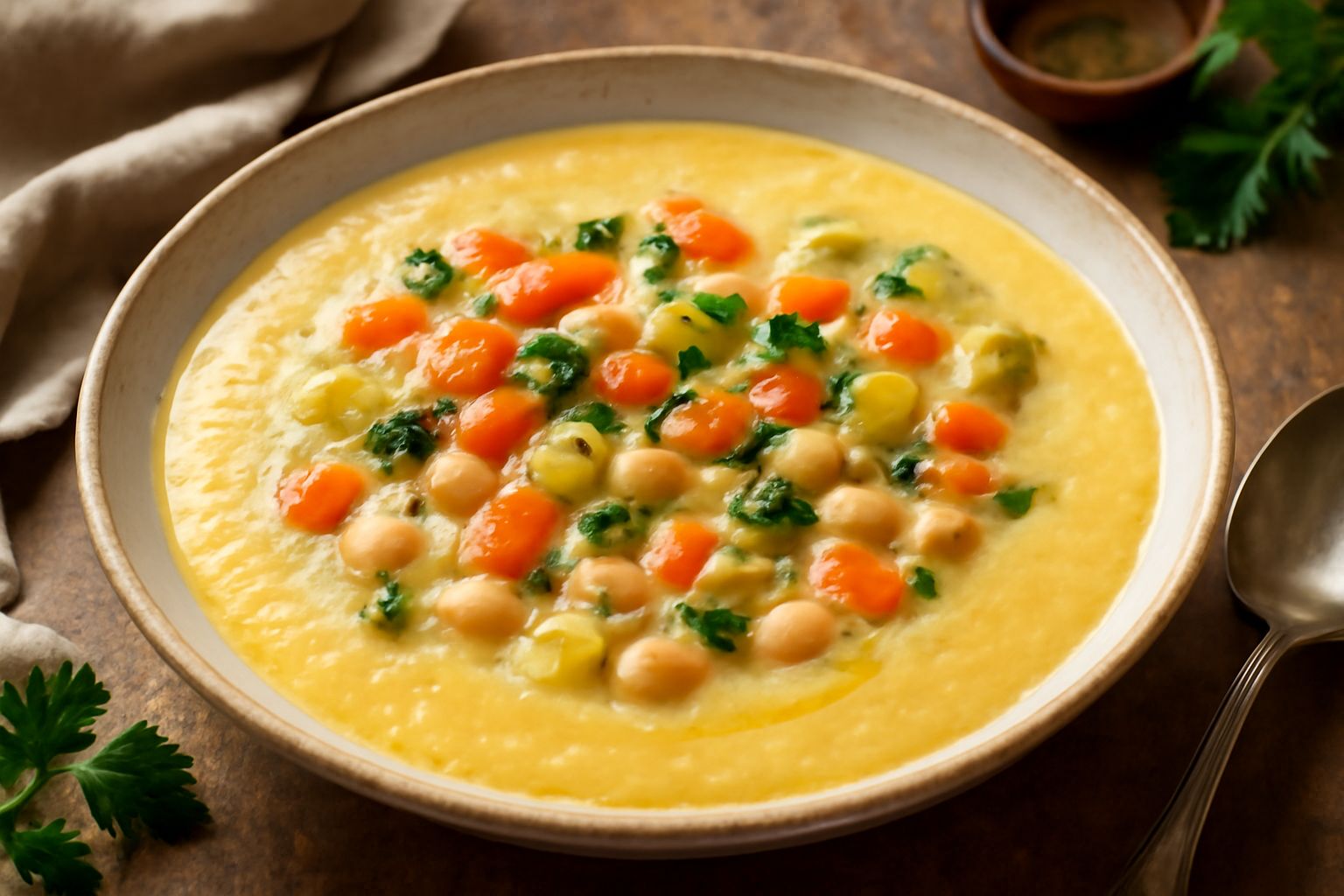Minestrone con verdure colorate, fagioli bianchi, pasta piccola e ricotta bianca cremosa in superficie, in una ciotola di ceramica bianca con cucchiaio di legno
