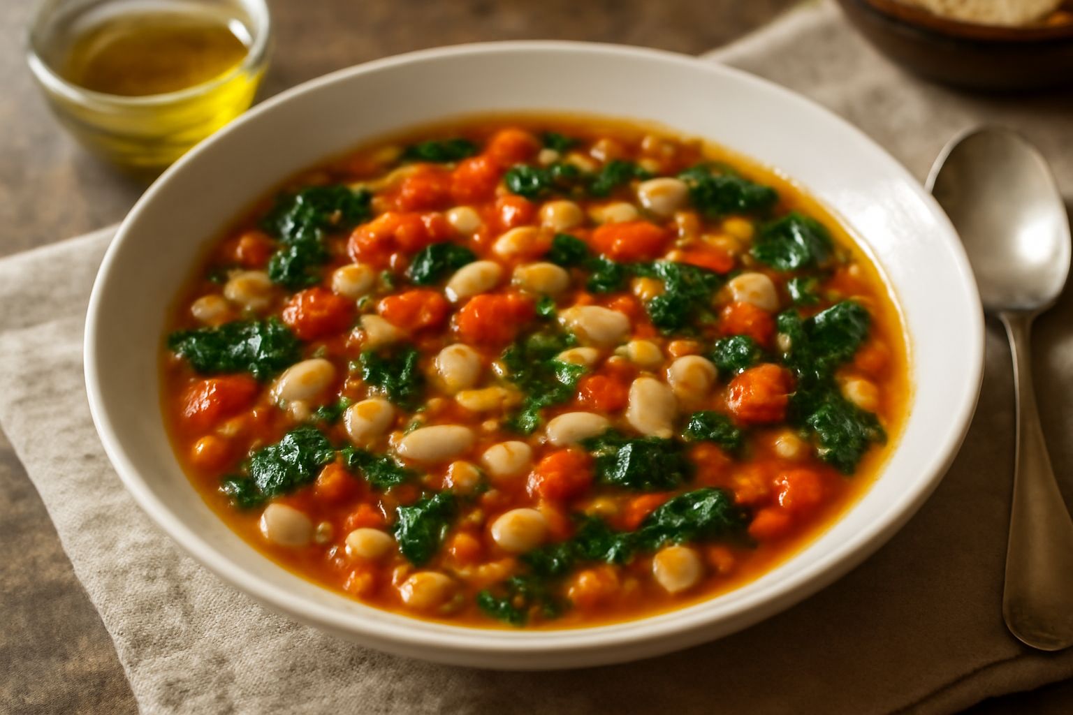 Minestrone caldo servito in una ciotola di ceramica bianca, con verdure colorate visibili in superficie, olio d'oliva versato sopra, cucchiaio di legno appoggiatoal bordo, sullo sfondo cucina rustica 