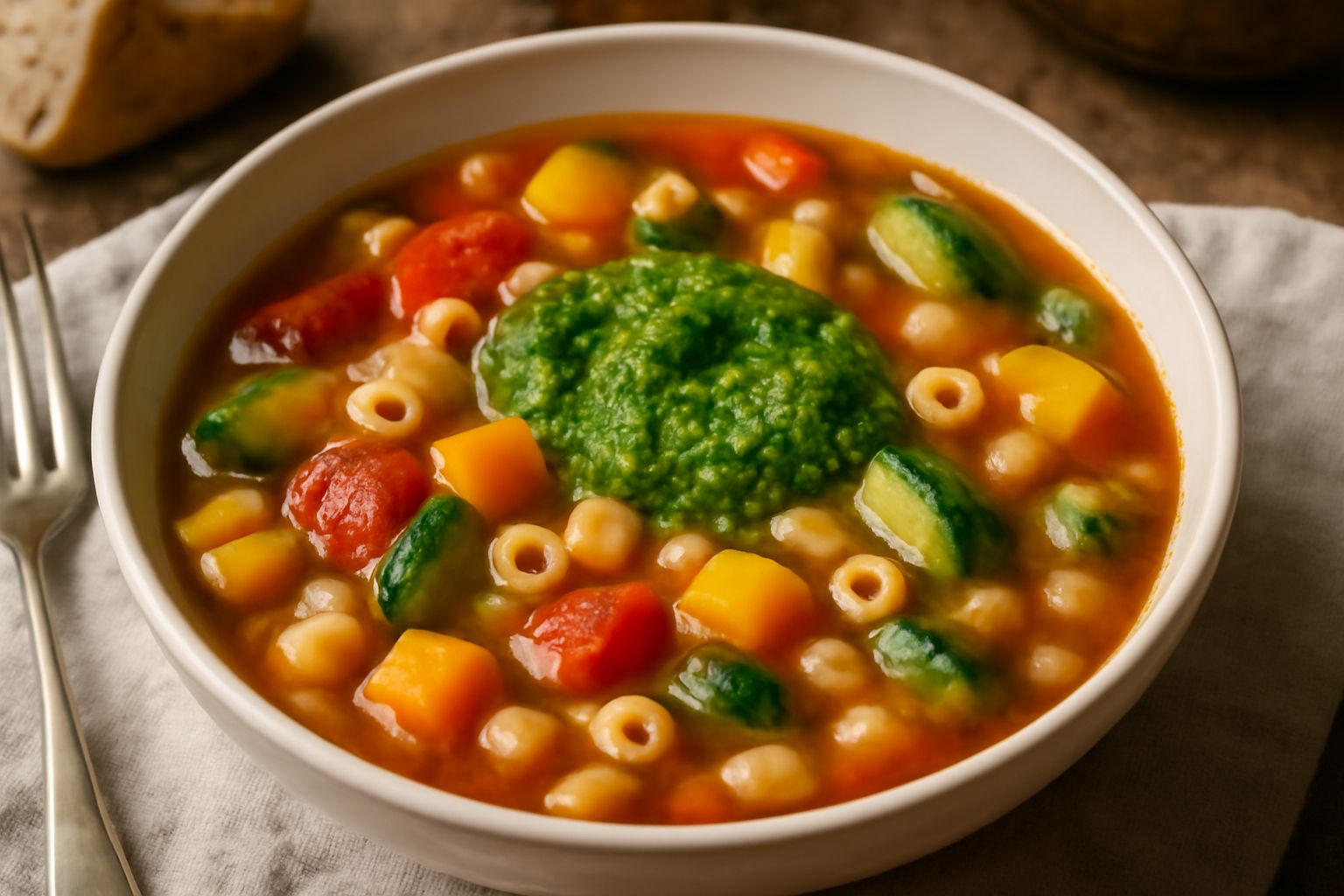Minestrone di Genova in ciotola bianca: zuppa fitta di verdure verdi e rosse, carote tagliate, zucchine, pezzi di pasta, riso, con cucchiaio di pesto basilico sospeso sopra