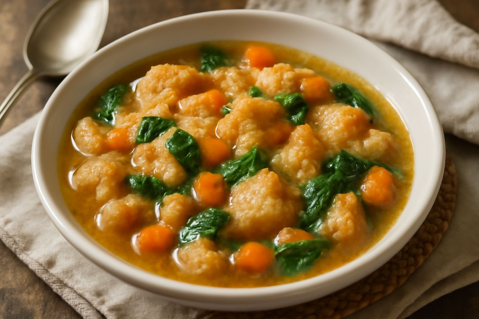 Minestrone di pane in ciotola di ceramica: brodo trasparente color ambra, pezzetti di pane dorato, carote arancioni, spinaci verdi, fagioli bianchi, cipolla bionda, spolverato di prezzemolo fresco