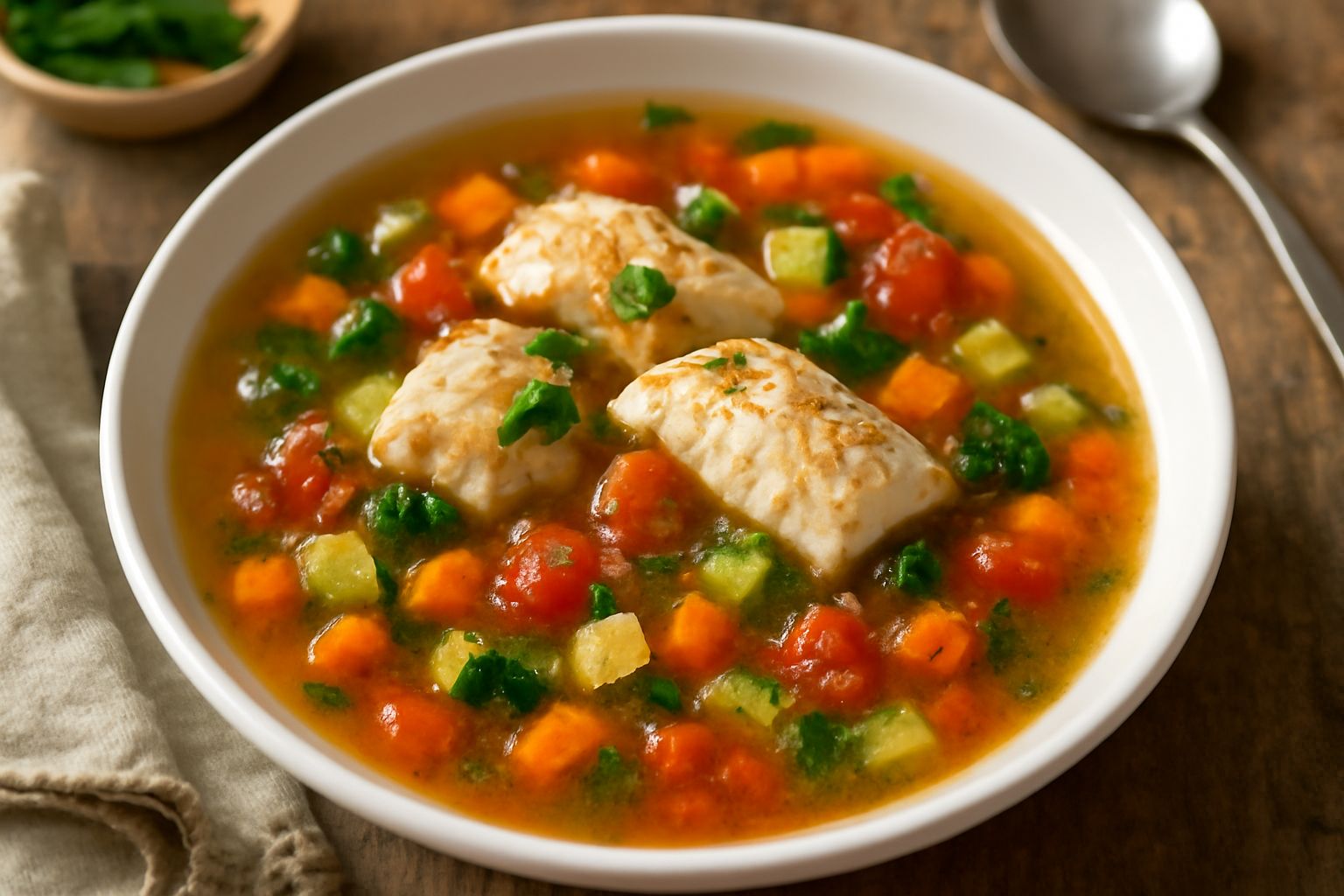 Ciotola di minestrone di pesce con brodo trasparente, filetti di pesce bianco, carote rosse tagliate a dadi, zucchine, pomodori e prezzemolo fresco verde scuro, servito con un cucchiaio in acciaio
