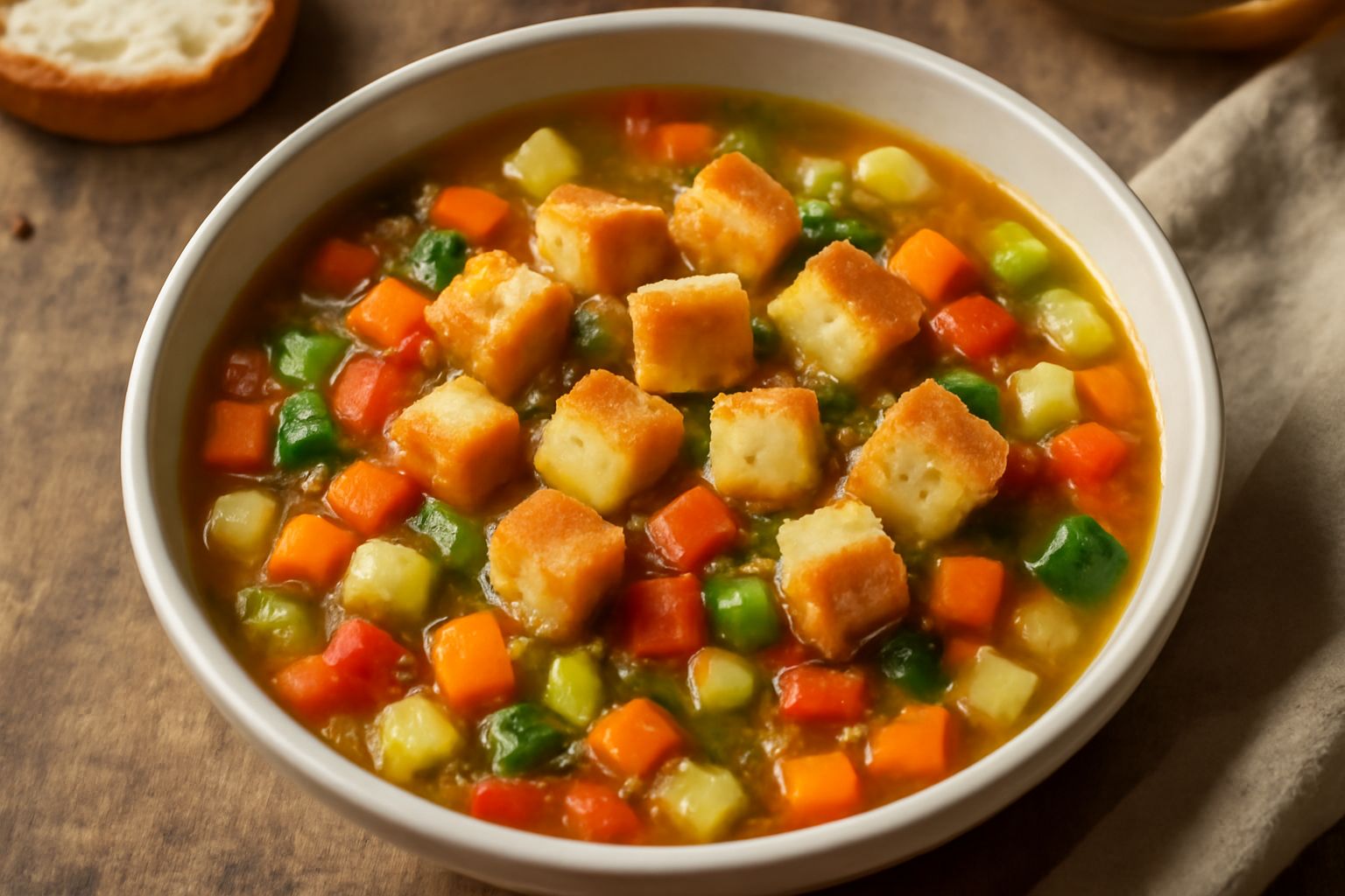 Una ciotola di minestrone di verdure con dadini di pane raffermo tostato in superficie, visibili carote, zucchine e fagioli in brodo trasparente, un cucchiaio dentro, servito su un tavolo di legno con