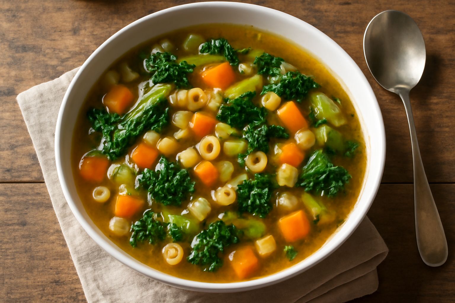 Una pentola bianca colma di minestrone fumante con visibili pezzi di carota arancione, sedano verde, zucchina verde scuro e cavolo tagliati irregolarmente, brodo trasparente color nocciola, pezzi di p