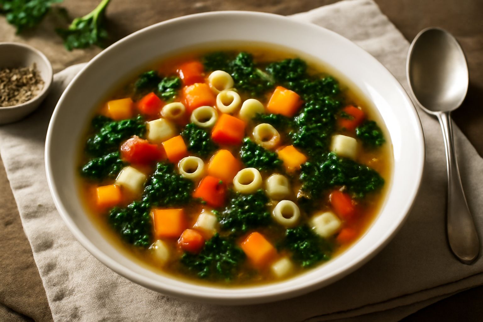 Ciotola di minestrone fumante con verdure multicolore ben visibili, pasta piccola, ombra di olio d'oliva verde sulla superficie, cucchiaio in legno dentro, su sfondo di legno scuro