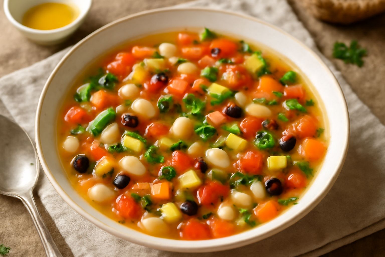 Minestrone in ciotola bianca, con verdure tagliate a dadini ben visibili: carote arancioni, zucchine verdi, pomodori rossi, cipolle, fagioli bianchi affioranti nel brodo trasparente dorato, guarnito c
