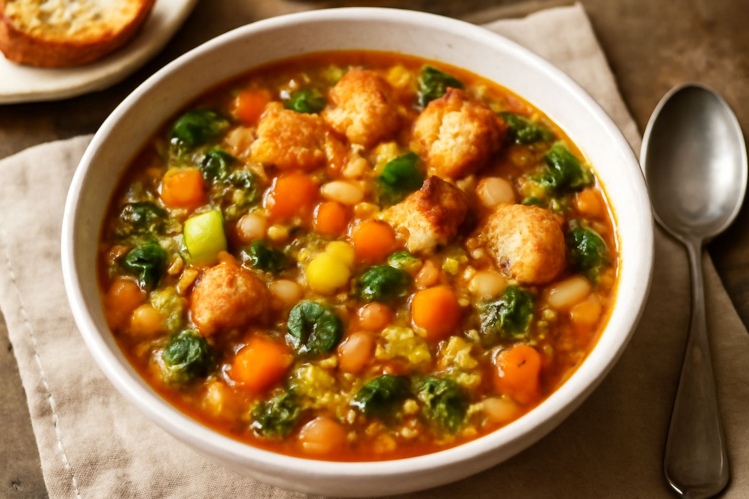 Minestrone fumante in ciotola bianca: verdure colorate (zucchina verde, pomodoro rosso, carota arancione), fette di pane tostato poggiate sul bordo, brodo trasparente, prezzemolo fresco verde in super