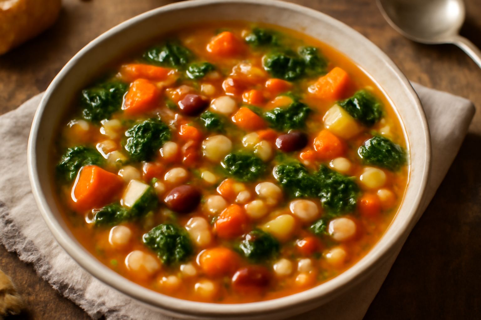 Minestrone fumante in ciotola bianca con verdure colorate: carote arancioni, cavolo verde scuro, zucchine gialle, pomodori rossi, fagioli visibili in superficie, filo di olio d'oliva, cucchiaio di leg