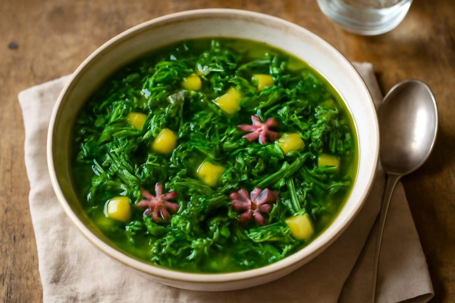 Minestrone fumante in ciotola bianca con verdure selvatiche tagliate a pezzi, foglie verdi di ortica visibili, patate gialle, brodo trasparente, cucchiaio di legno appoggiato sul bordo