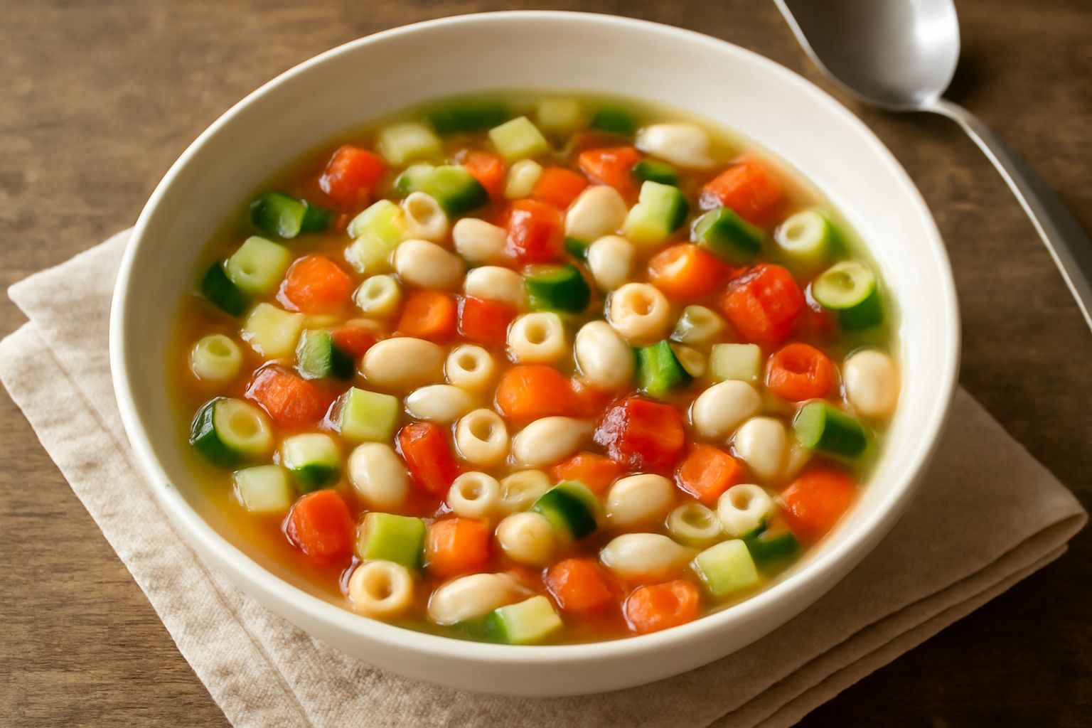 Minestrone freddo in ciotola bianca: zucchine verdi, carote arancioni, pomodori rossi, fagioli bianchi e pasta piccola in brodo trasparente, guarnito con basilico fresco e filo d'olio d'oliva