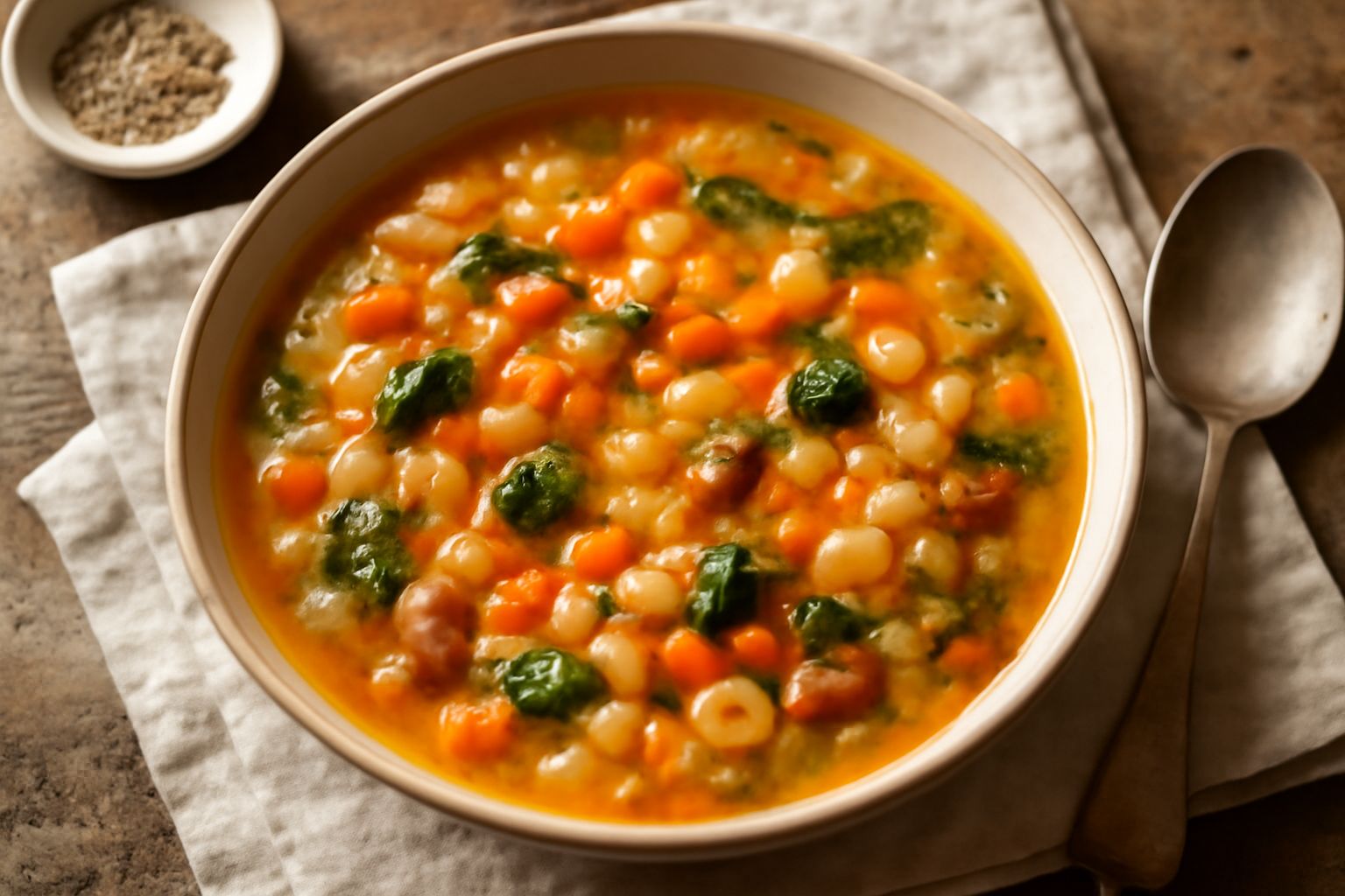 Minestrone fumante in ciotola bianca con verdure tagliate, pasta, fagioli e prezzemolo fresco, servito su tavolo in legno con cucchiaio di legno accanto
