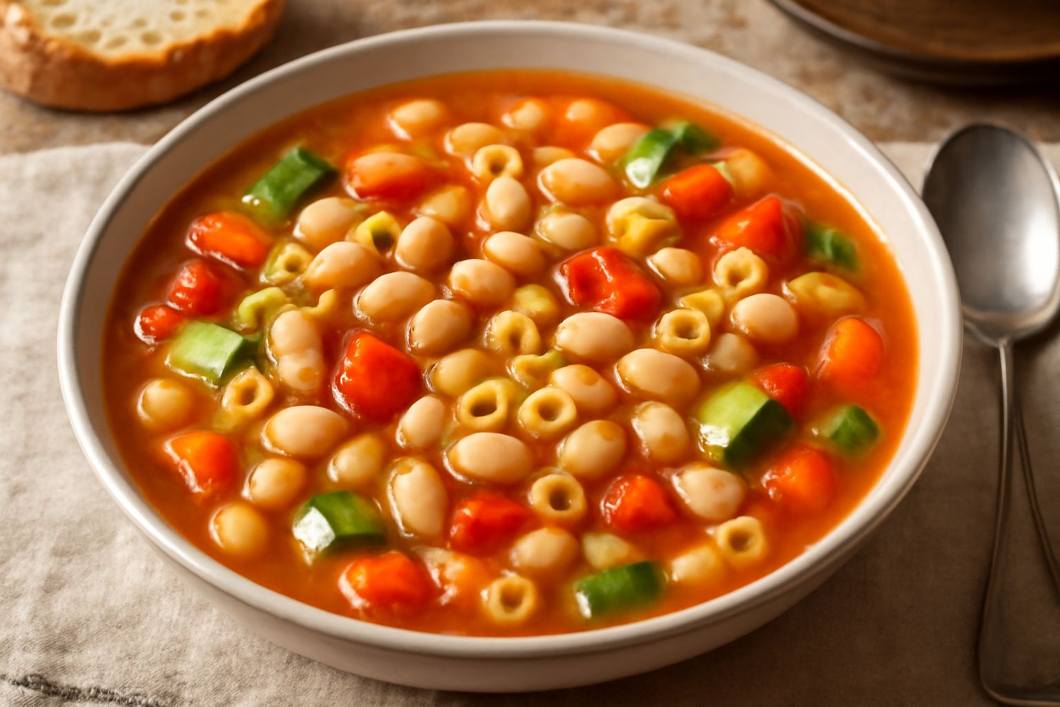 Ciotola di minestrone pugliese con verdure tagliate a pezzi regolari, fagioli bianchi, pasta ditalini e brodo che affiorano in superficie, guarnito con prezzemolo fresco verde