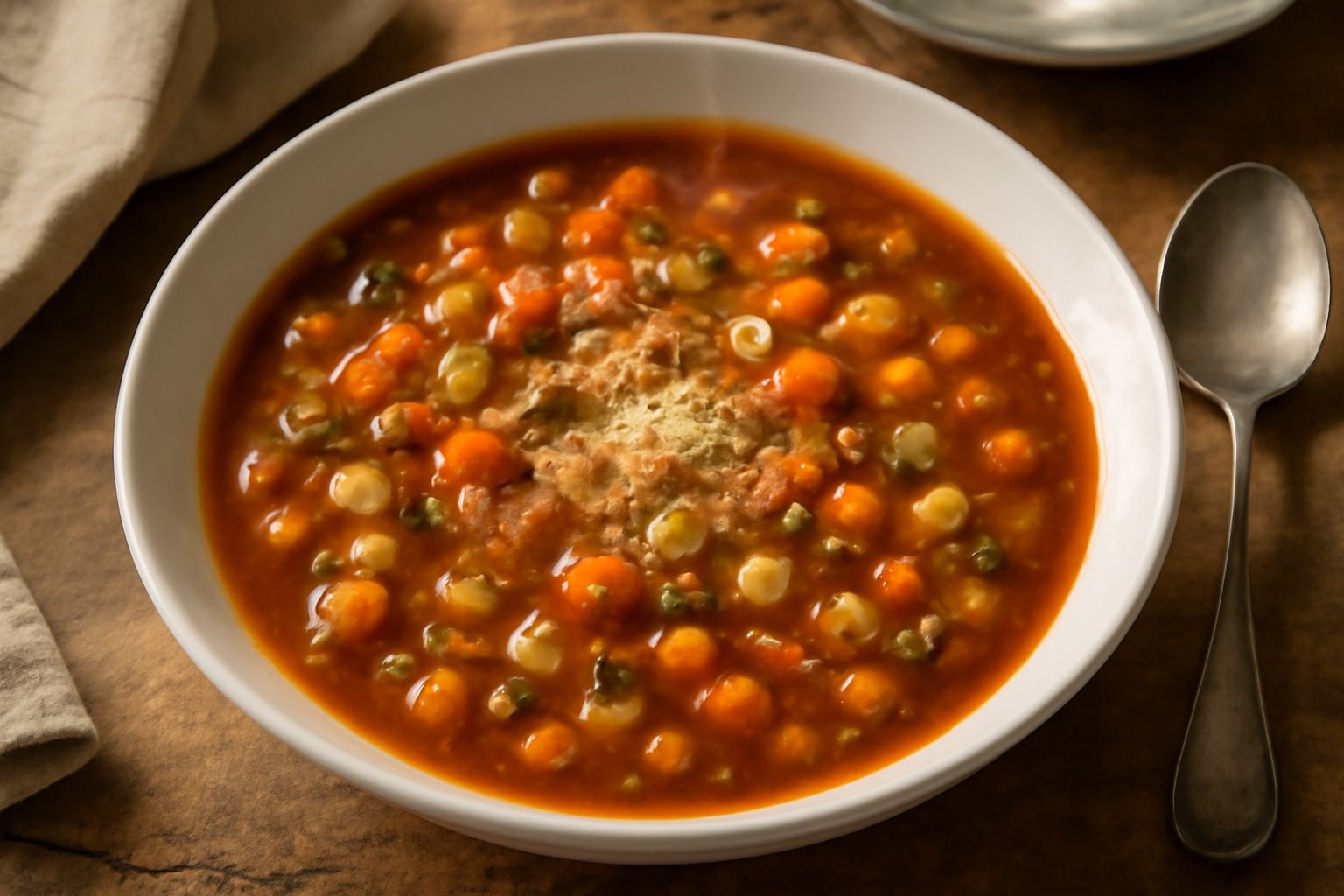 Una pentola di minestrone fumante con verdure tagliate a dadini, pasta piccola visibile in superficie, colore rosso-marrone scuro del brodo, con un mestolo di acciaio e serviette di lino grigio intorn