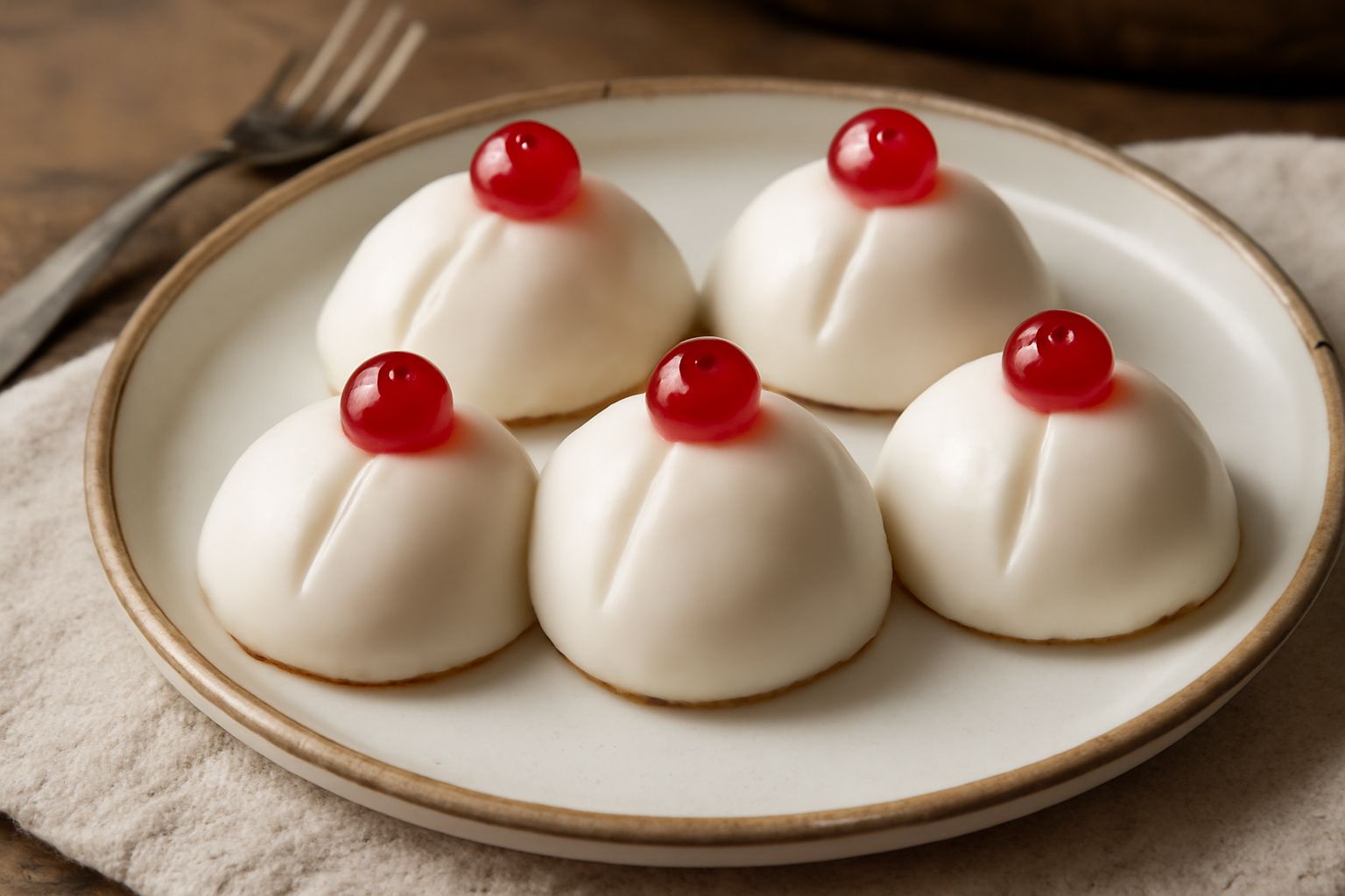Minne di vergini su piatto bianco: dolcetti ovali con glassa bianca lucida, una ciliegia candita al vertice di ogni pezzo, spaccatura centrale visibile, fondali sfumati da bianco a crema