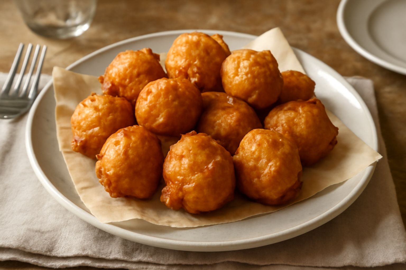 Minuich fritti croccanti e dorati disposti su carta da forno bianca, ancora fumanti, con sfumature giallo ambra, forma rotonda e nodosa, sparsi in modo naturale nel piatto