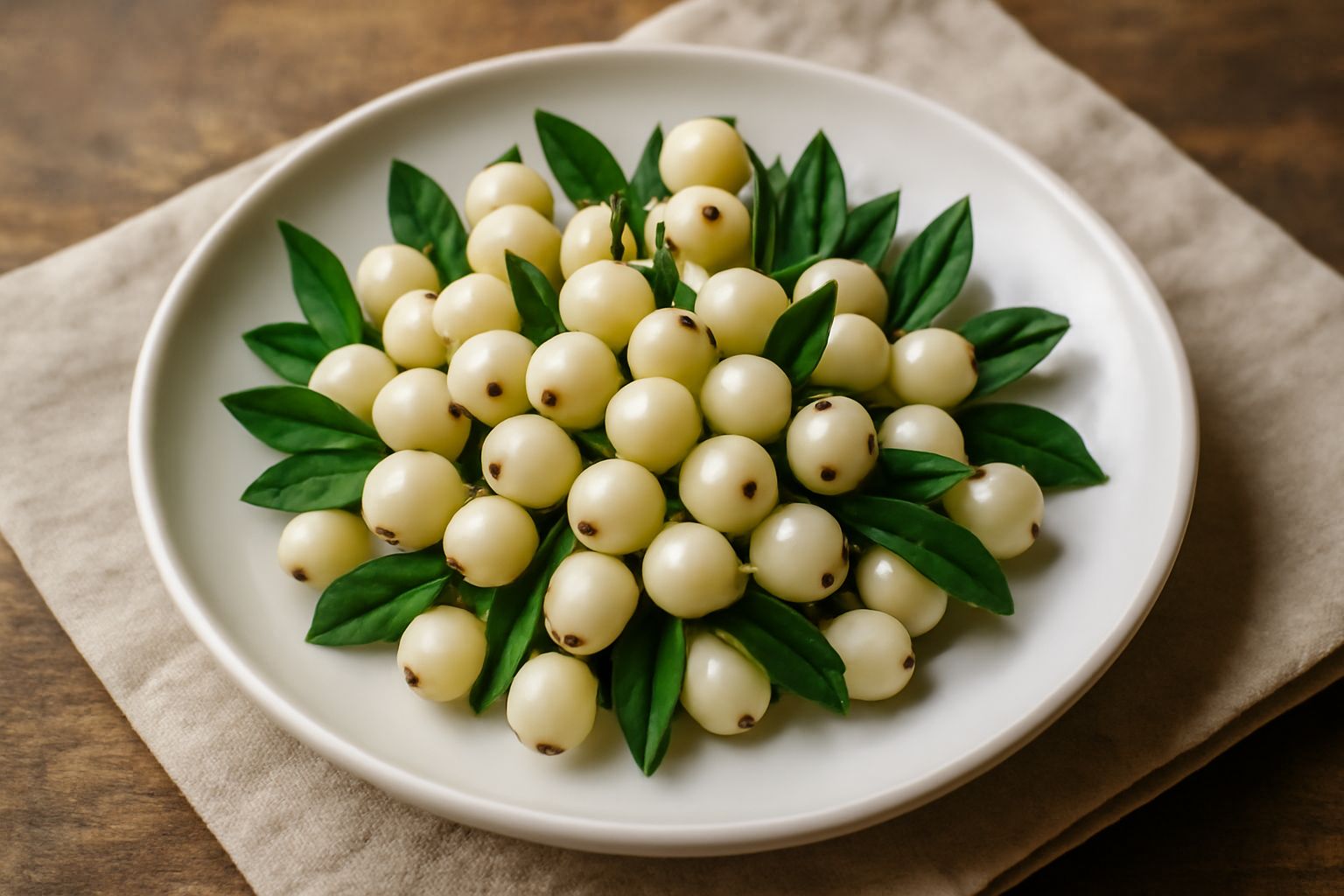 Bacche di mirto bianco piccole e tonde raccolte in un piattino di ceramica bianca su un tavolo di legno naturale, con alcuni rametti verdi accanto