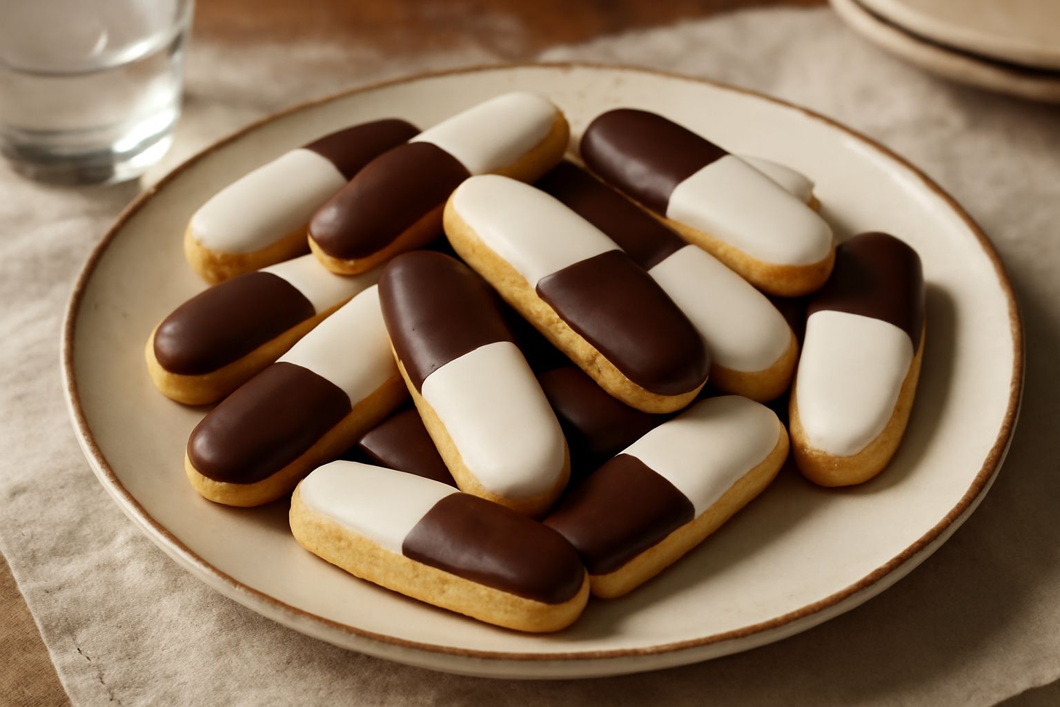 Biscotti allungati con mezza copertura di glassa bianca lucida e mezza di cioccolato fondente scuro, disposti in fila su un piatto bianco con fondo grigio sfocato