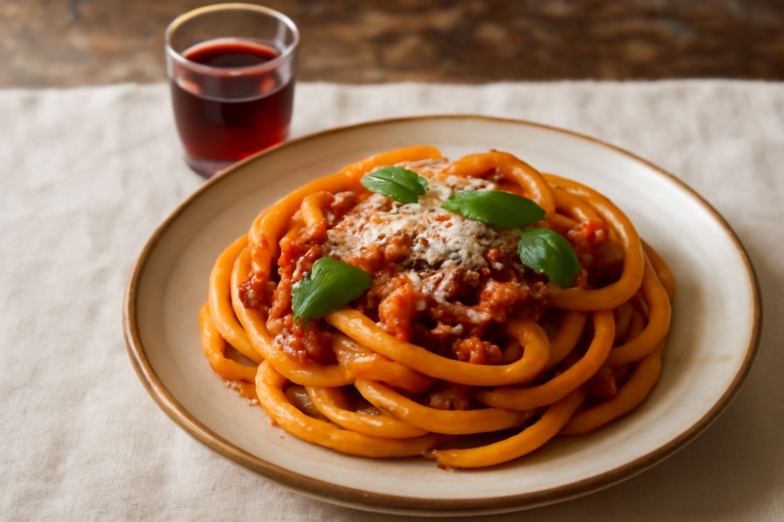 Bottiglia di vetro scuro contenente liquore di mirto dal colore rosso rubino profondo, circondata da bacche di mirto fresche blu scuro e foglie verdi, su un tavolo di legno chiaro con luce naturale