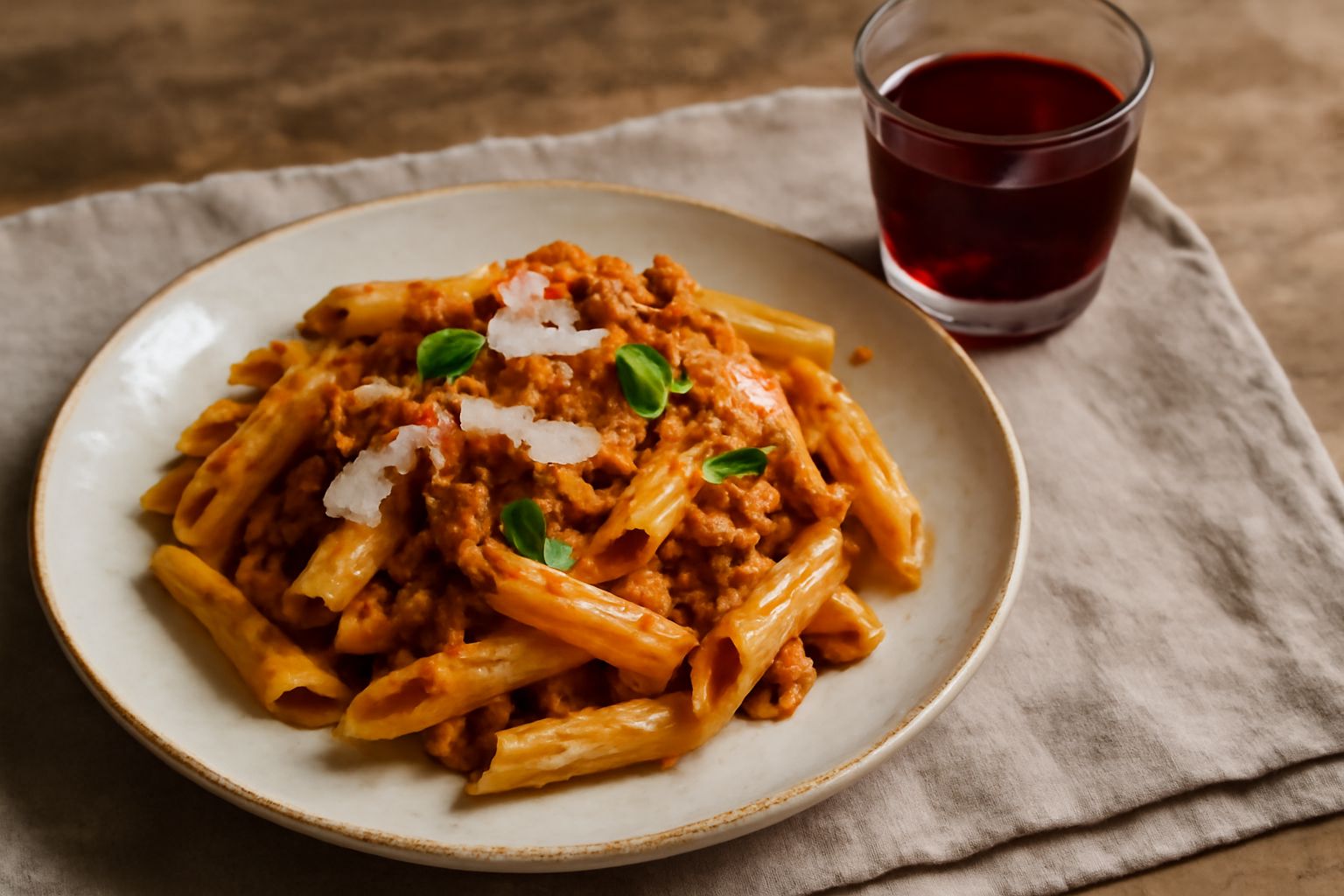 Bicchiere trasparente con liquore di colore rosso rubino, bacche di mirto intere sul fondo, luce che attraversa il vetro, sfondo neutro bianco