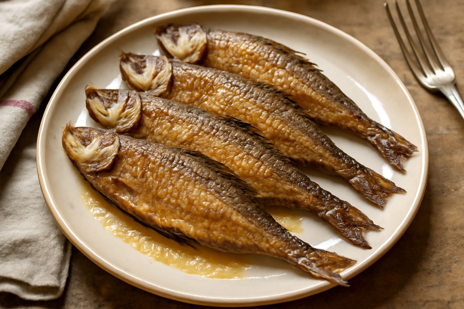 Missoltini disposti su un piatto di ceramica bianca, pesci piccoli color nocciola dorato, leggermente ricurvi, con spine ben visibili, accanto fette di pane tostato e una ciotola di olio d'oliva
