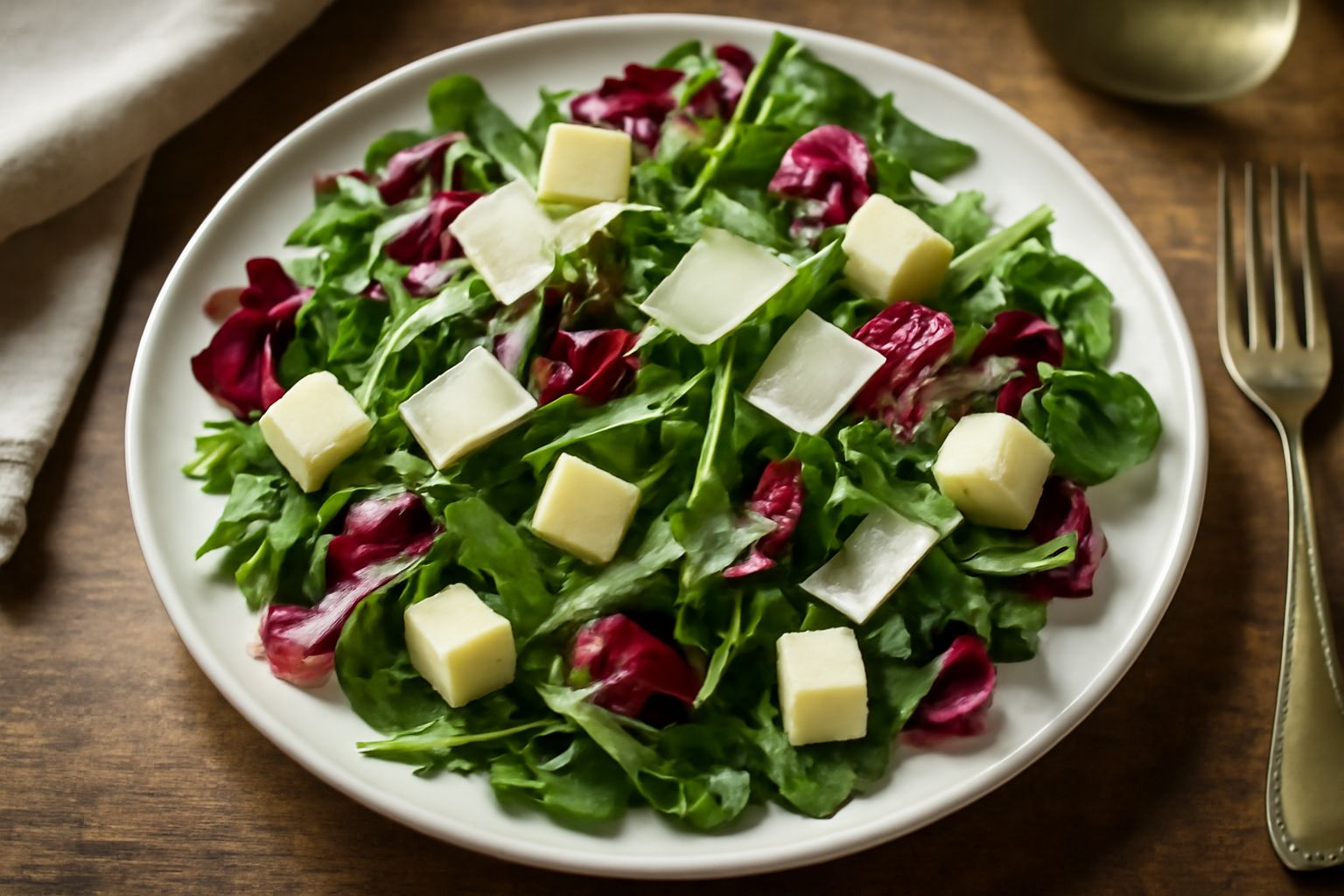 Insalata mista con foglie di rucola, lattuga, radicchio rosso e spinacini freschi, con scaglie di parmigiano grattugiato e cubetti di formaggio fresco su un piatto bianco, condita con olio e limone
