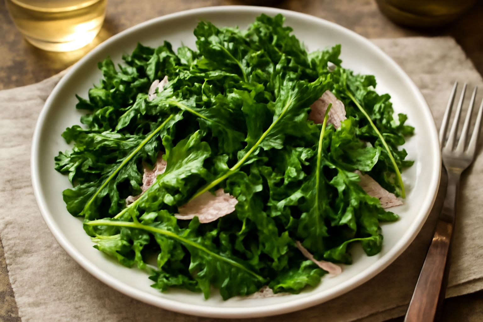 Piatto bianco con misticanza di campo: foglie verdi di rucola selvatica, cicoria, tarassaco e portulaca disposte con cura, condite con olio extravergine e limone, guarnite con fiori di borragine azzur