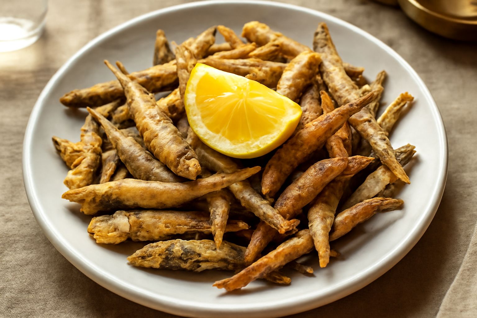 Misticanza di pesce fritto dorato su piatto bianco, pesci interi croccanti sparsi intorno a limone tagliato e prezzemolo fresco, olio di frittura lucido, sfondo neutro