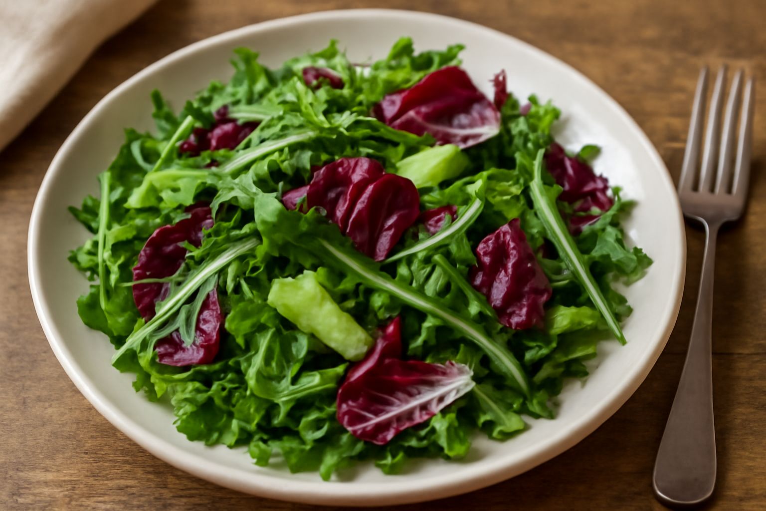 Insalata di misticanza servita in un piatto bianco: mix colorato di foglie verdi scure, rosse e tenere, con gocce d'acqua, condimento trasparente, limone a spicchi ai lati