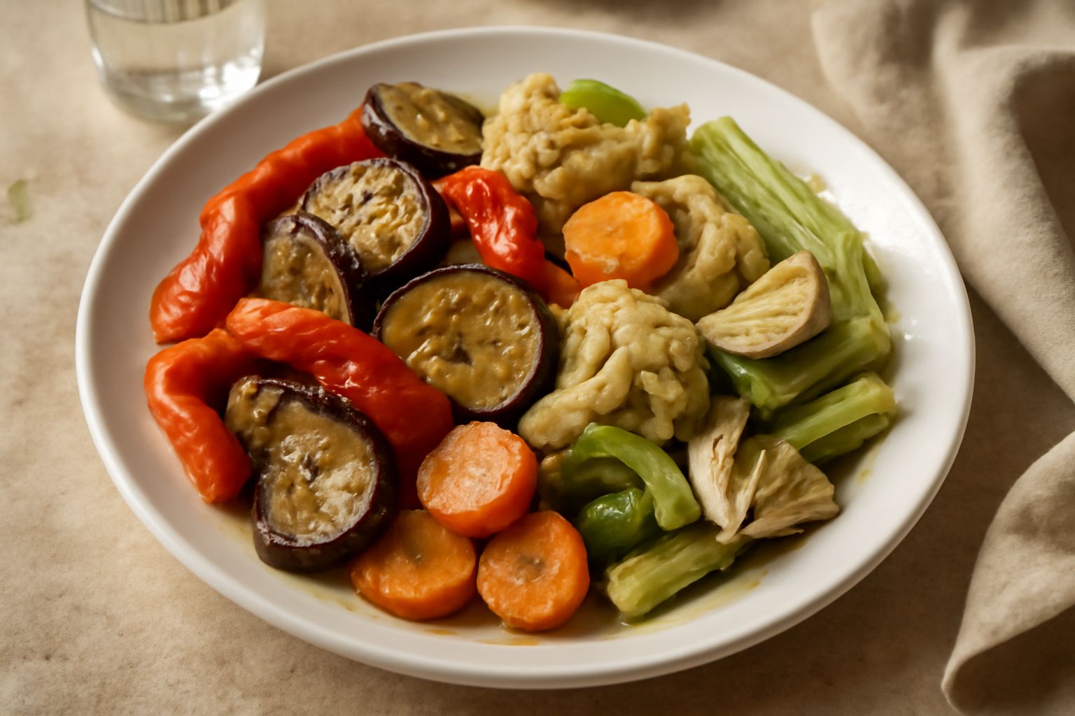 Vasetto di vetro con verdure marinate colorate: cavolfiore bianco, carote arancioni, cipolline, peperoni rossi e aceto trasparente, sfondo cucina rustica