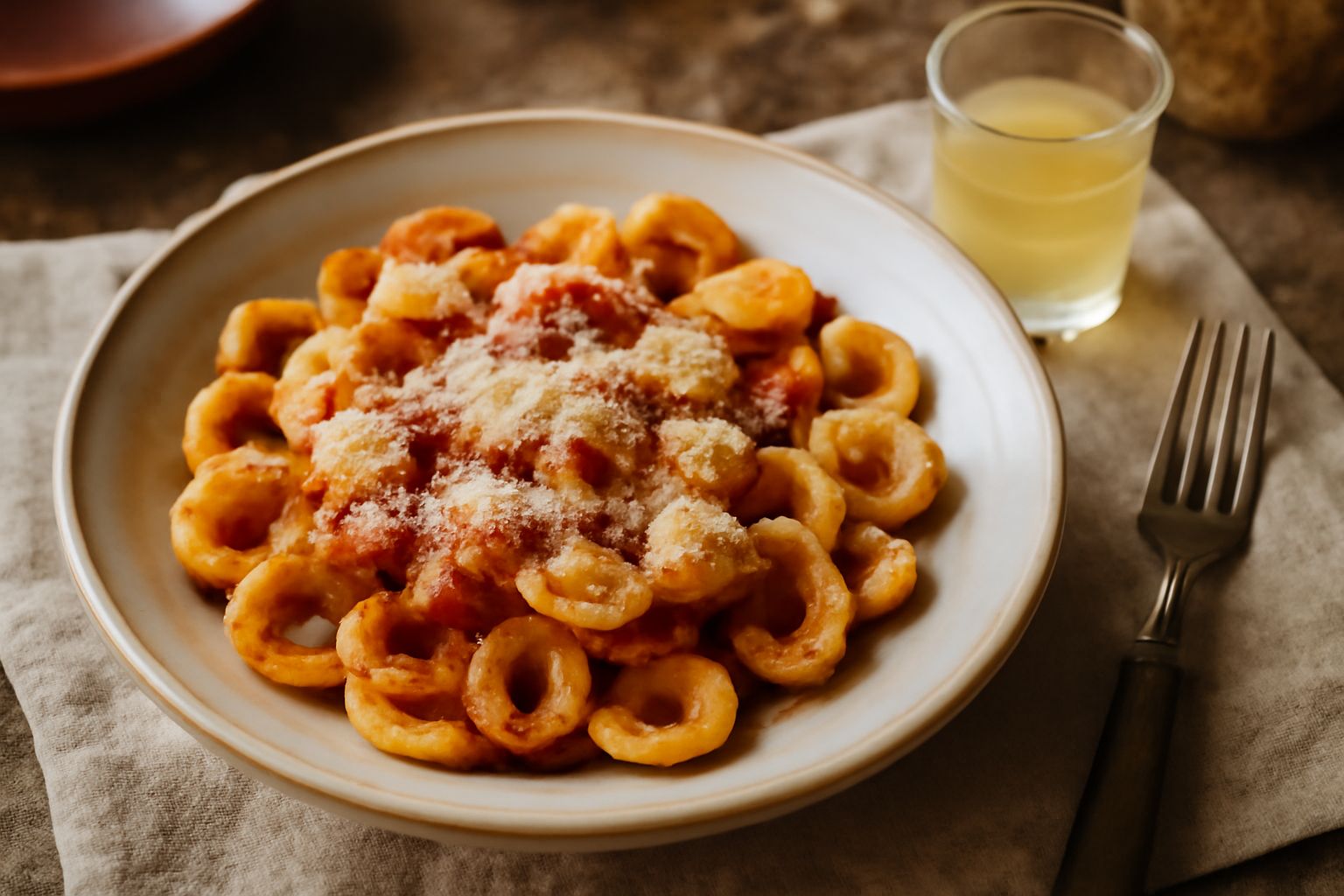 Bicchiere di cristallo con liquore mistra trasparente e leggermente giallo-dorato, con stelle di anice stellato sul fondo, sfondo bianco neutro