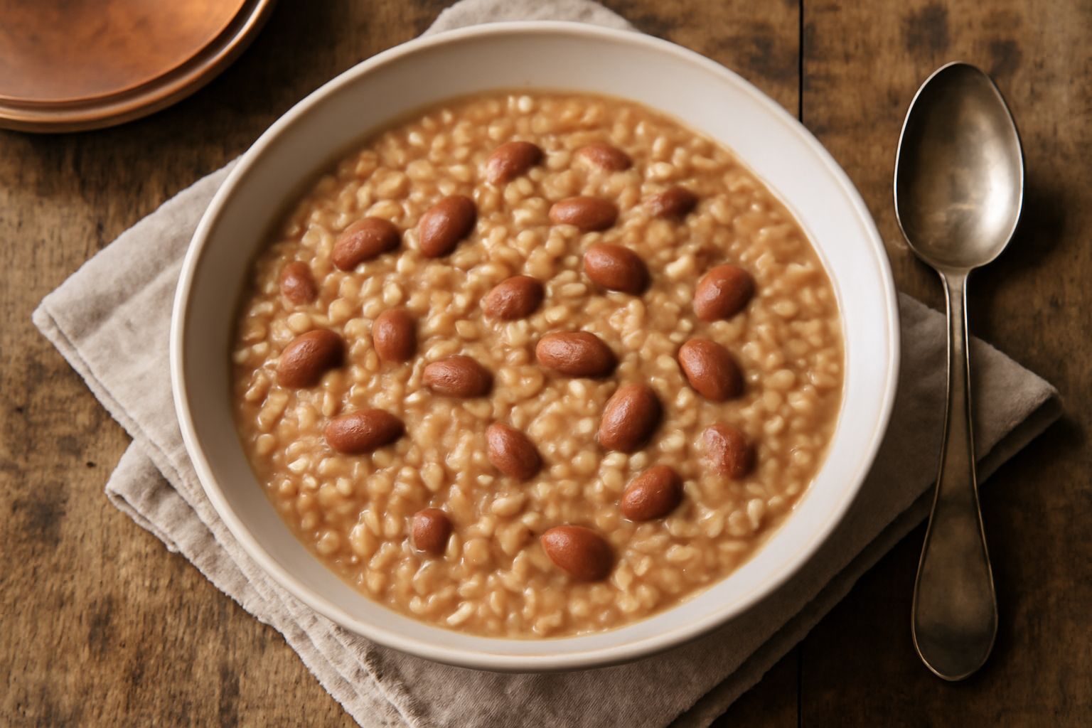 Una ciotola di ceramica bianca con mistra d'orzo e fasoi: pasta d'orzo e fagioli borlotti rossi e bianchi in brodo, olio verde in superficie, fette di pane scuro accanto