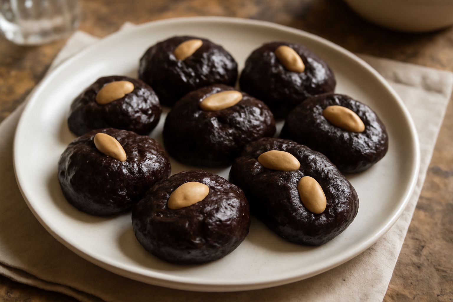Moccicheddru disposti su piatto bianco, biscotti scuri e lucidi con superficie croccante, decorati con mandorla intera, accanto a tazza di caffè fumante