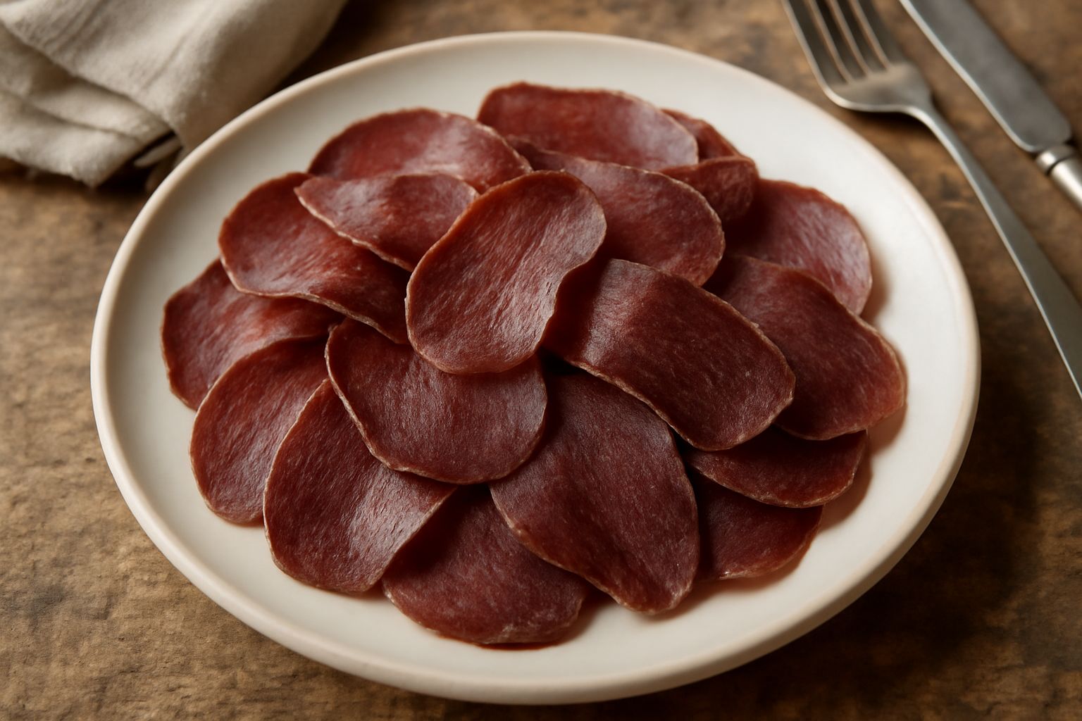 Fette sottili di mocetta rossastro-scura disposte su un piatto bianco, con aspetto compatto e fibre visibili, accompagnate da pane casereccio e peperoni rossi