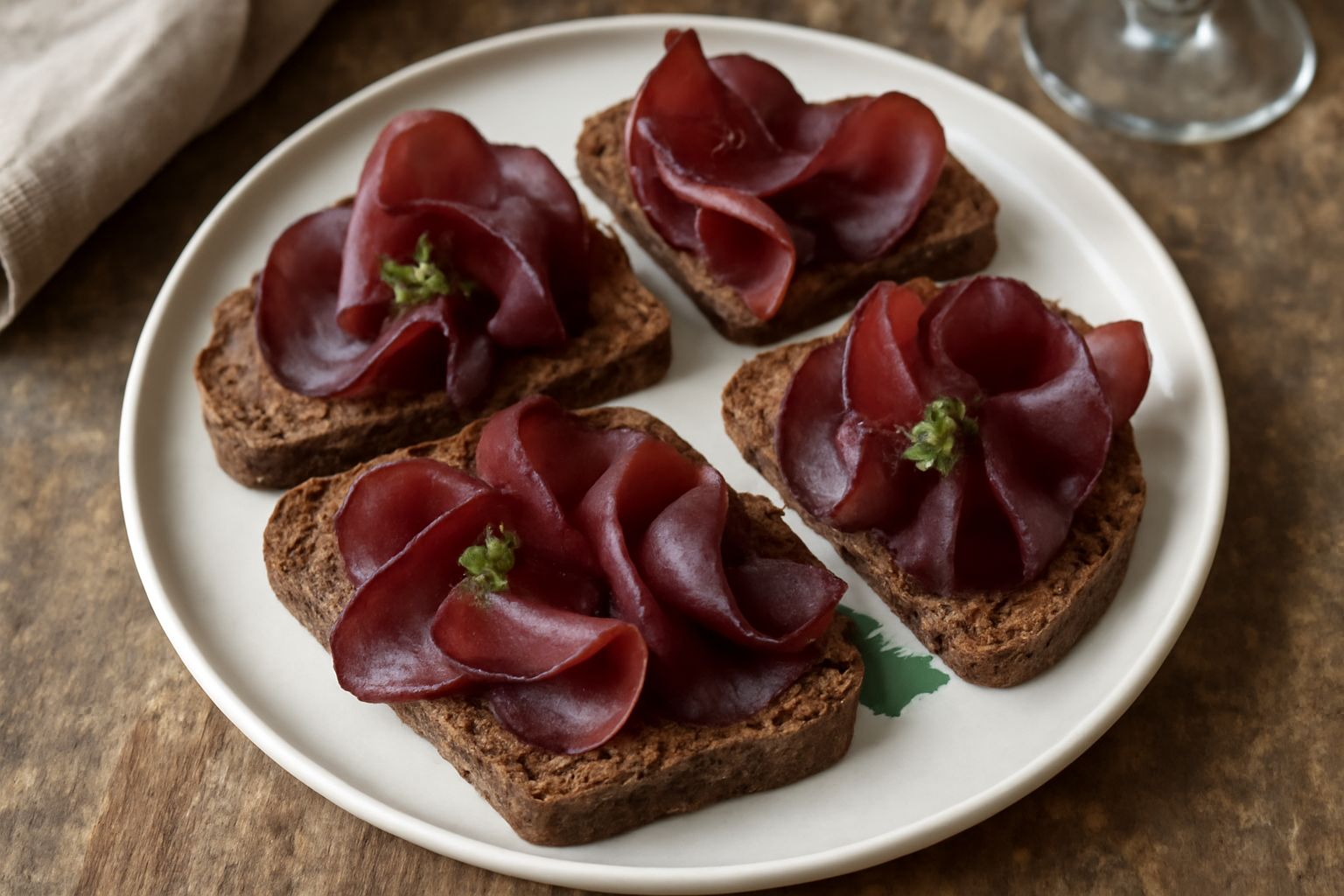 Mocetta affettata sottile di colore rosso scuro disposta su fette di pane nero integrale, servita su un piatto bianco con un coltello da antipasto, sfondo neutro