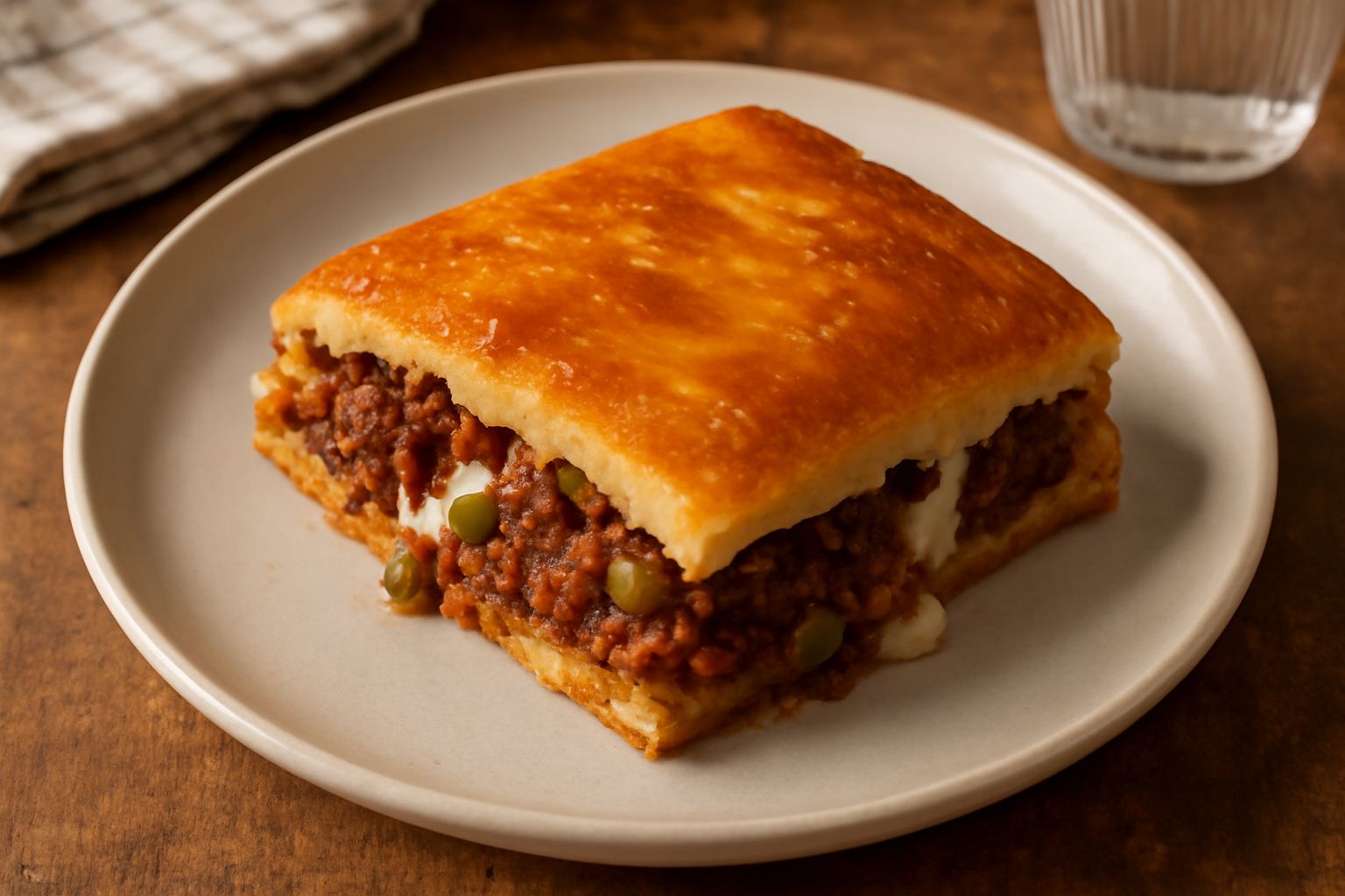 Moddìa dorata e croccante appena fritta, tagliata a metà per mostrare il ripieno di ragù rosso con carne e piselli, servita su piatto bianco con contorno di limone