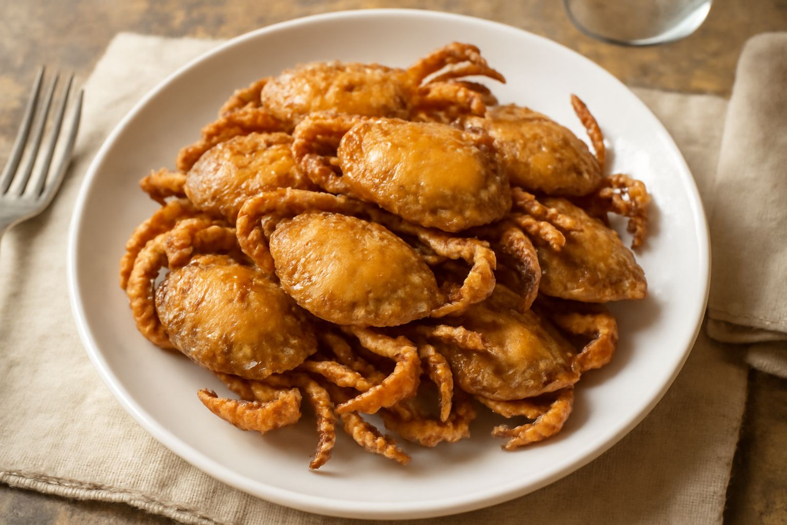 Moeche fritte dorate e croccanti disposte su carta assorbente bianca, contorno di limone fresco affettato, fondo di tavolo in legno naturale con luce diffusa