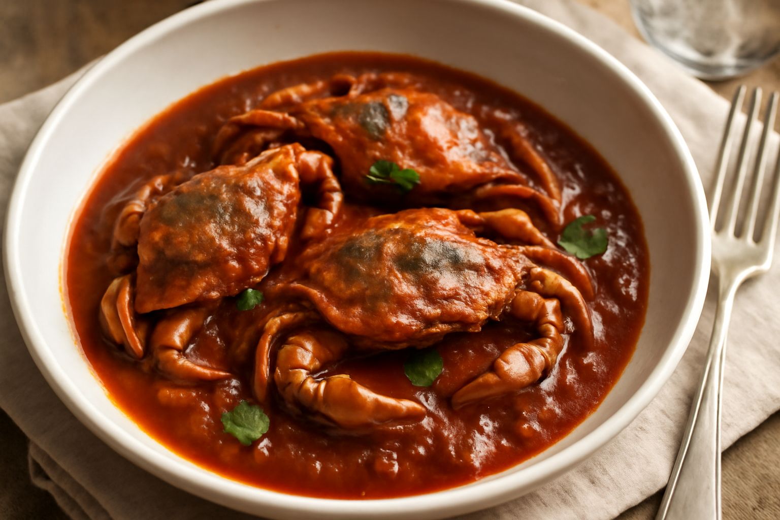Moeche intere in umido in un piatto fondo bianco, coperte da salsa di pomodoro densa, con erbe aromatiche e una spruzzata di prezzemolo verde fresco.