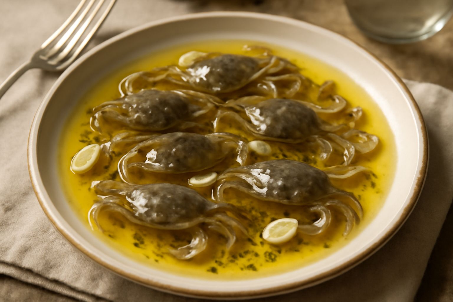 Moeche marinate di color grigio e rossastro, intere e croccanti, disposte in un piatto bianco con aceto e olio visibili, fondo scuro sfocato