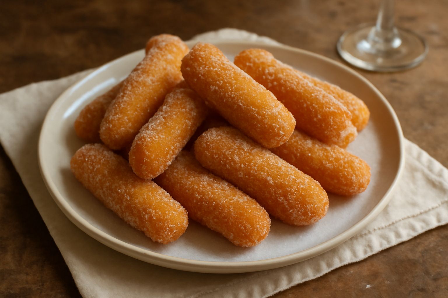 Moixettes dorate e croccanti, cosparse di zucchero semolato bianco, impilate su un piatto bianco con una ciotola di zucchero sfumato sullo sfondo