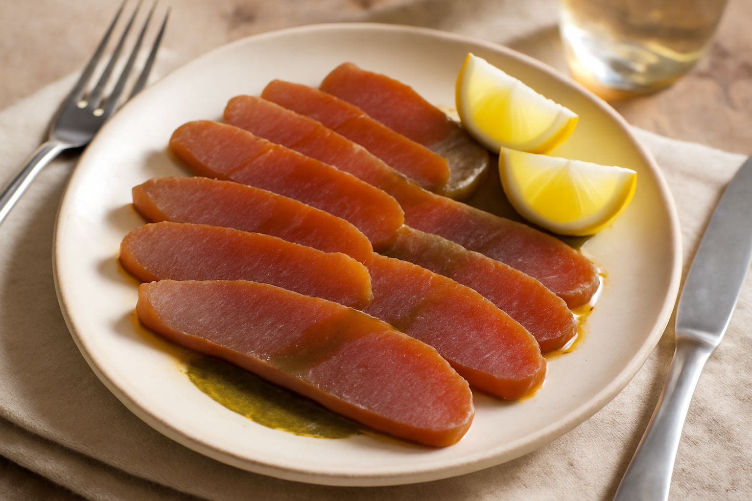 Fettine di mojama color rame dorato disposte su un piatto di ceramica, con olio d'oliva versato a filo, sale grosso e un limone intero accanto, sfondo grigio