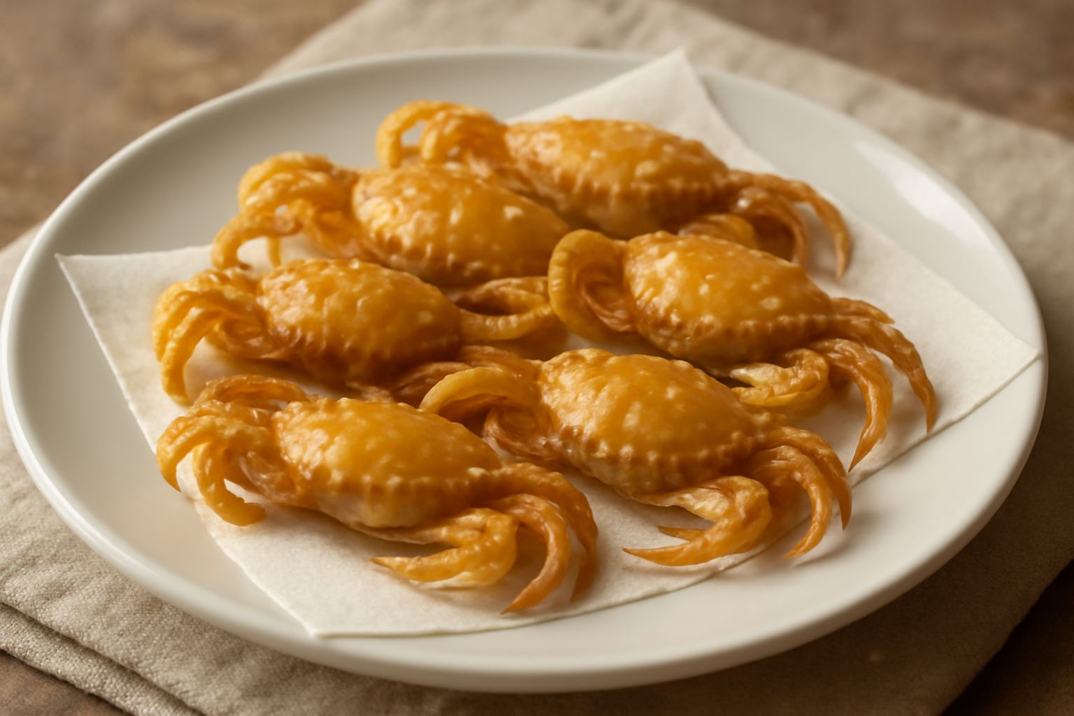 Moleche fritte dorate su un piatto bianco con limone fresco a spicchi e prezzemolo tritato, croccanti e lucenti di olio