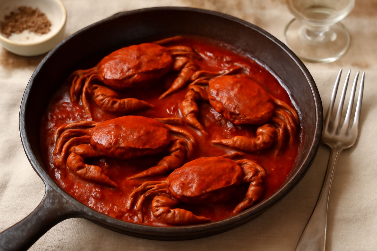 Granchi rossi e gialli cotti in padella di ferro scuro, ricoperti di salsa al pomodoro densa, aglio dorato e prezzemolo verde, vapore visibile sopra la tecia